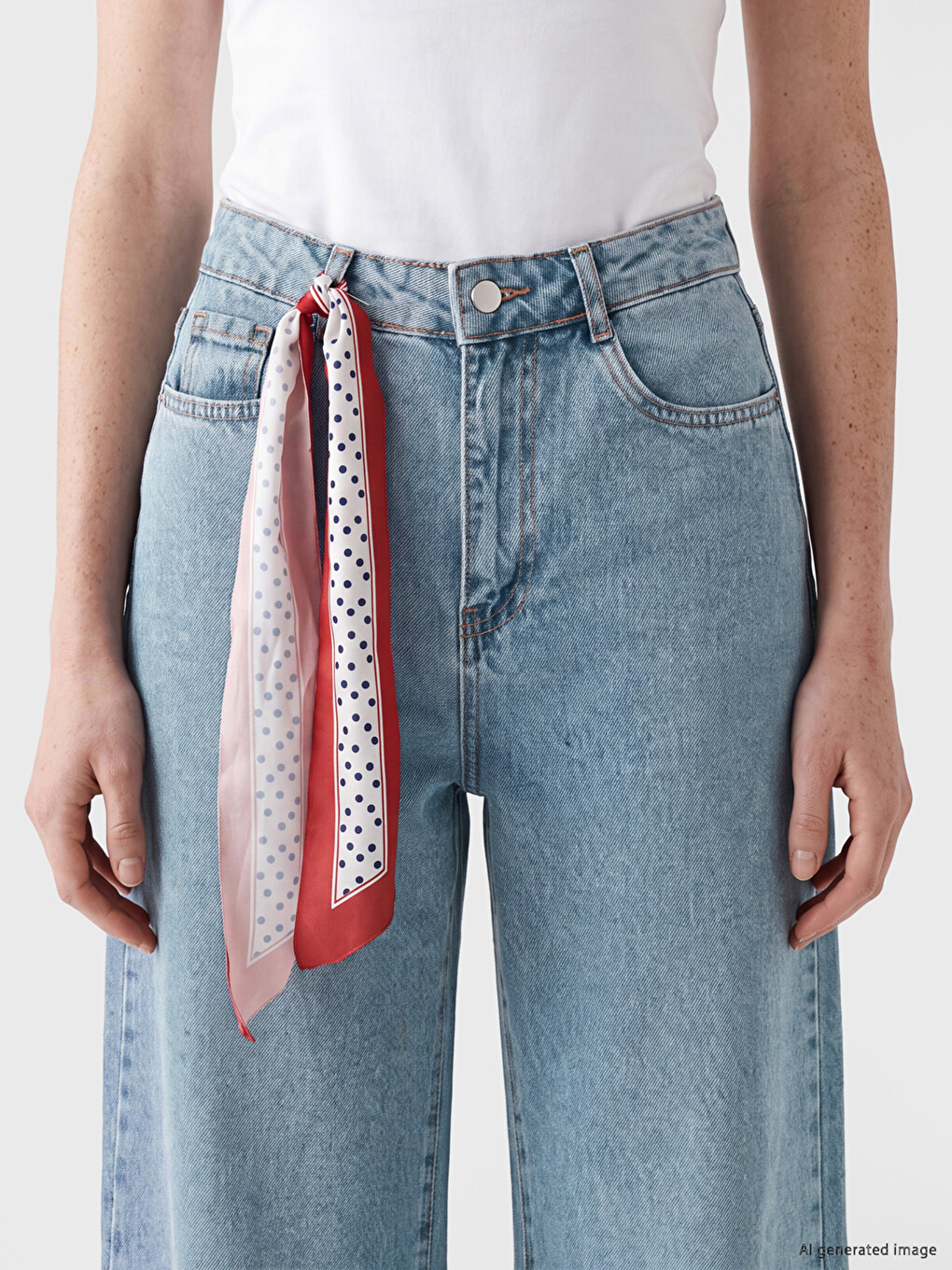 İndigo Fular Detaylı Wideleg Kadın Jean Pantolon-2