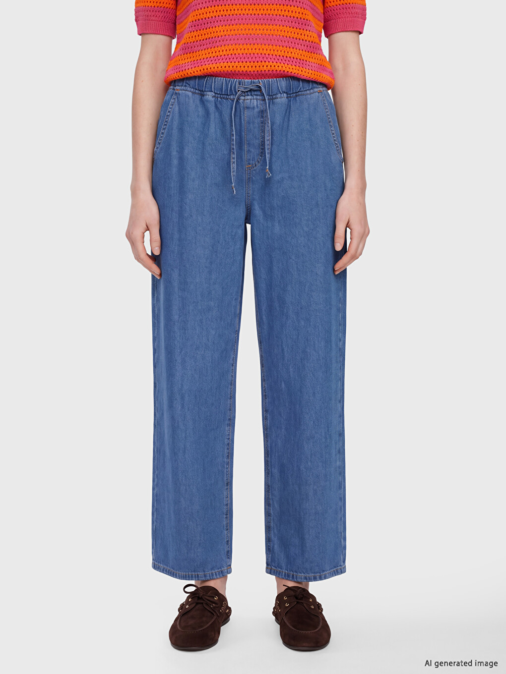 İndigo Beli Lastikli Wideleg Kadın Jean Pantolon-1