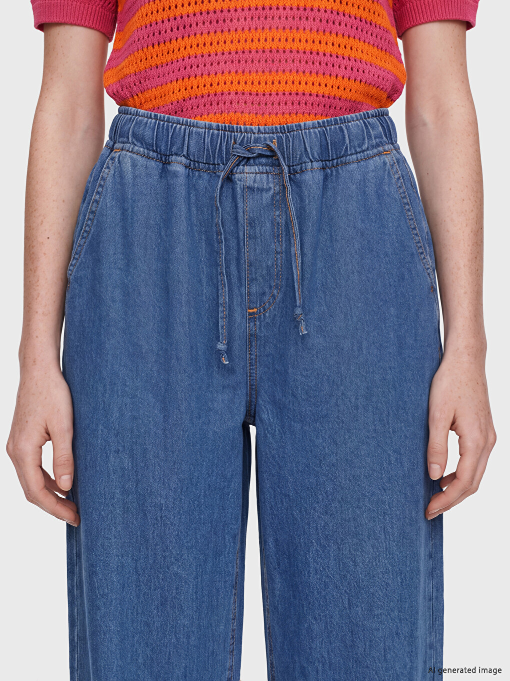 İndigo Beli Lastikli Wideleg Kadın Jean Pantolon-2