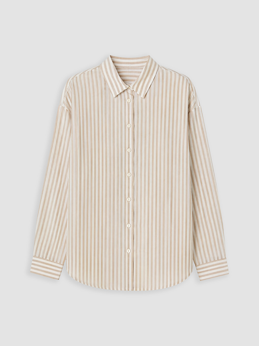 Bej Çizgili Oversize Oxford Kadın Gömlek