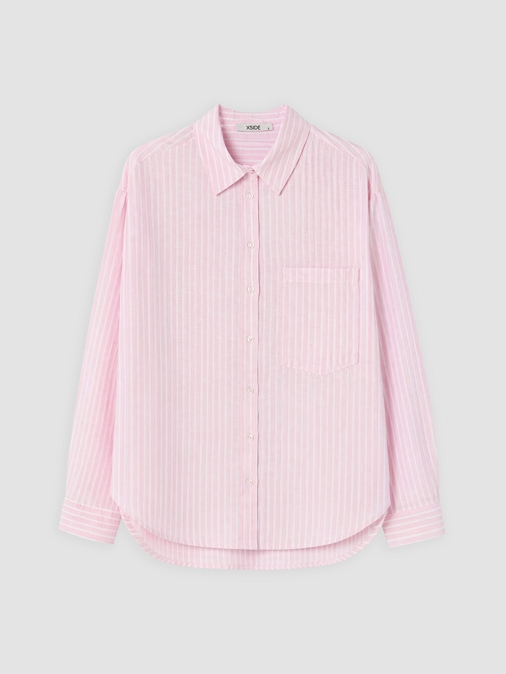 Pembe Çizgili Keten Karışımlı Oversize Kadın Gömlek