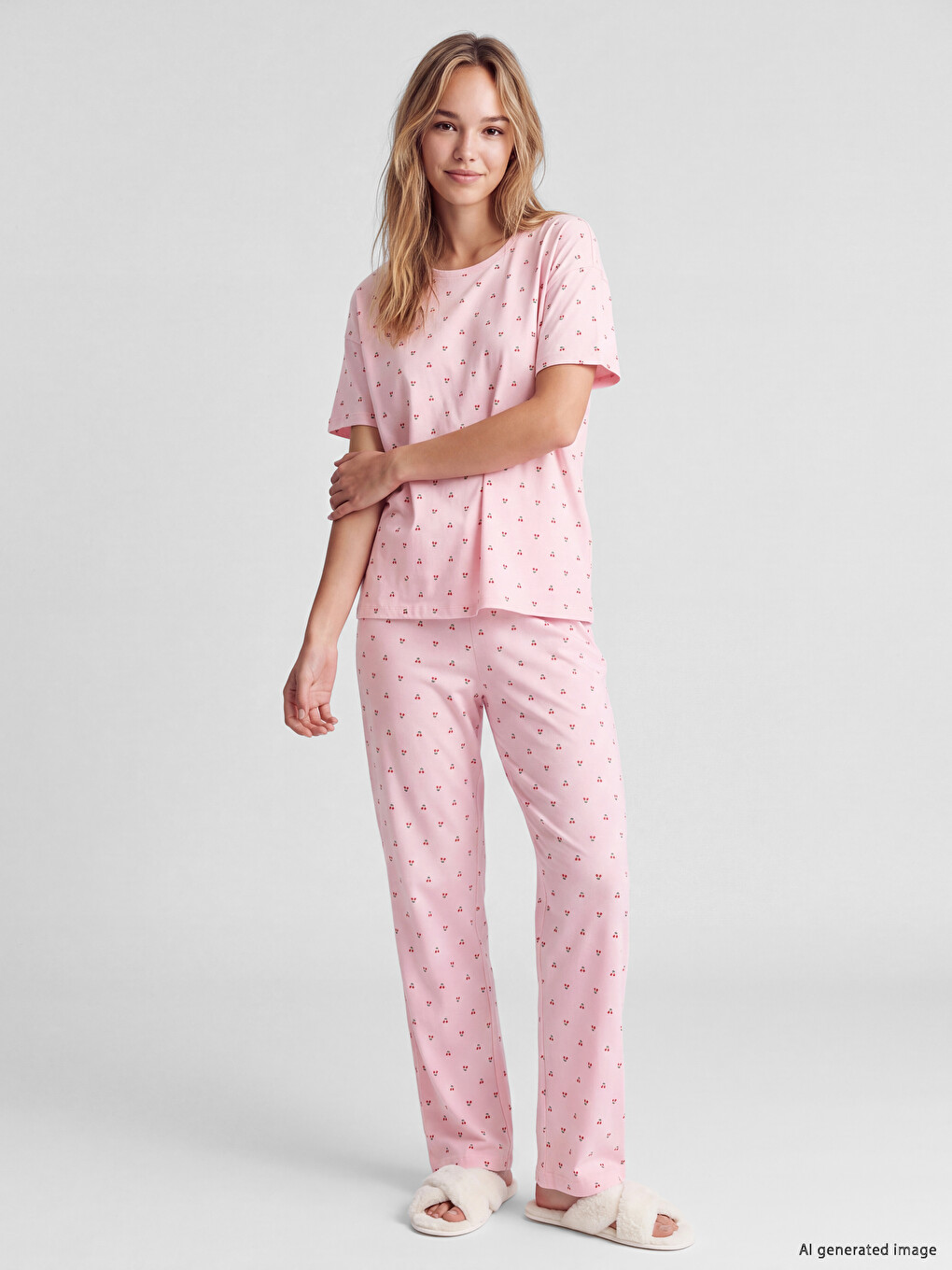 Ekru Kiraz Desenli Kadın Pijama Takım
