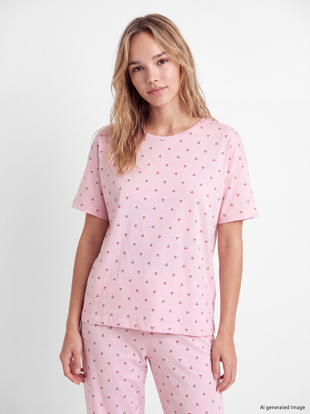 Ekru Kiraz Desenli Kadın Pijama Takım-1