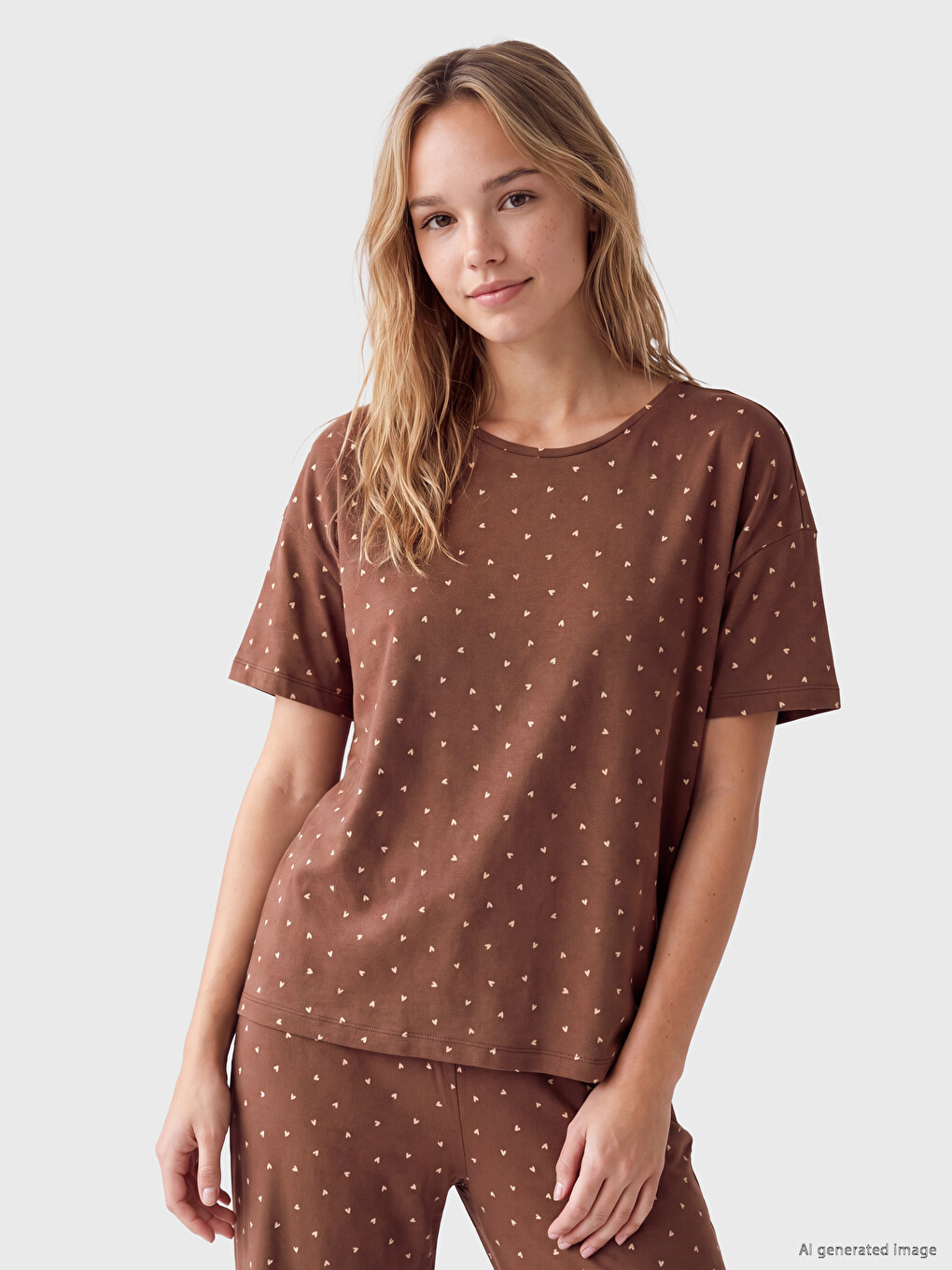 Kahverengi Bisiklet Yaka Desenli Kadın Pijama Takımı-1