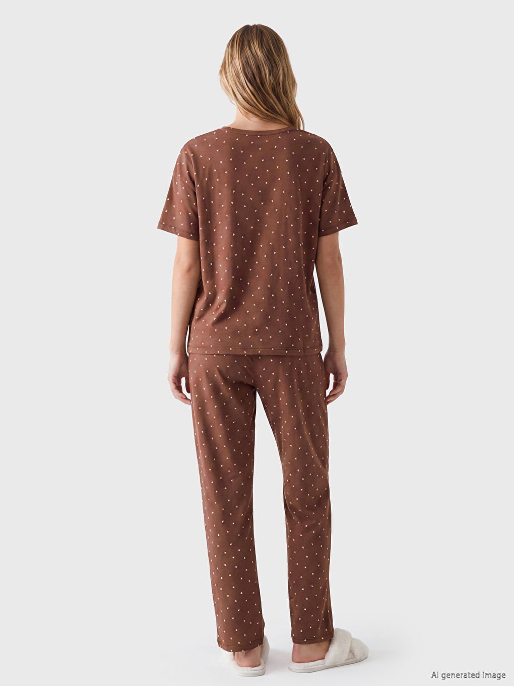 Kahverengi Bisiklet Yaka Desenli Kadın Pijama Takımı-3