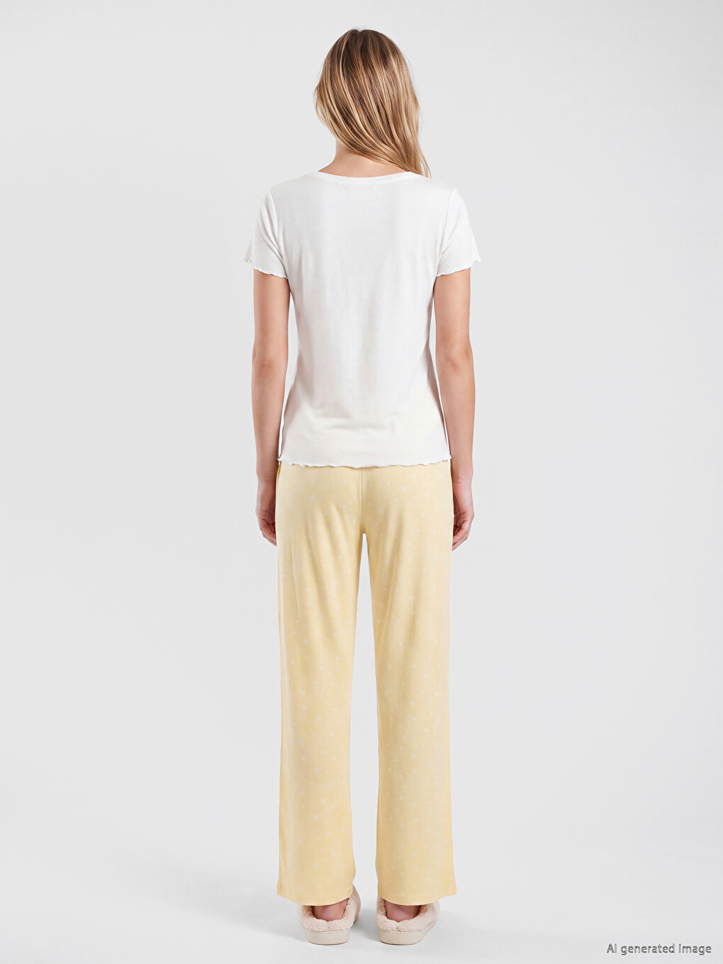 Sarı Bisiklet Yaka Baskılı Kadın Pijama Takımı-3