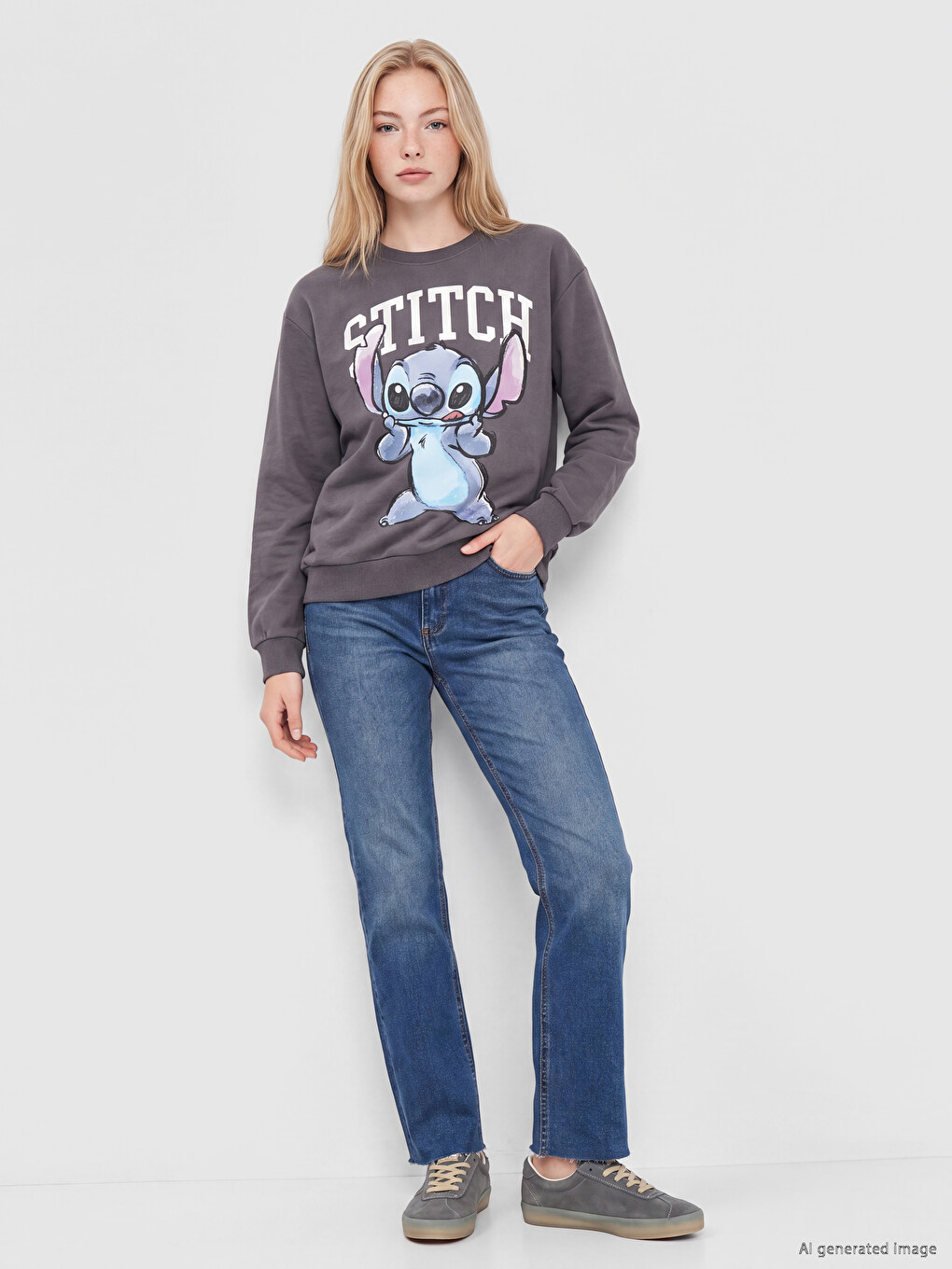 Antrasit Stitch Baskılı Oversize Kadın Sweatshirt-1