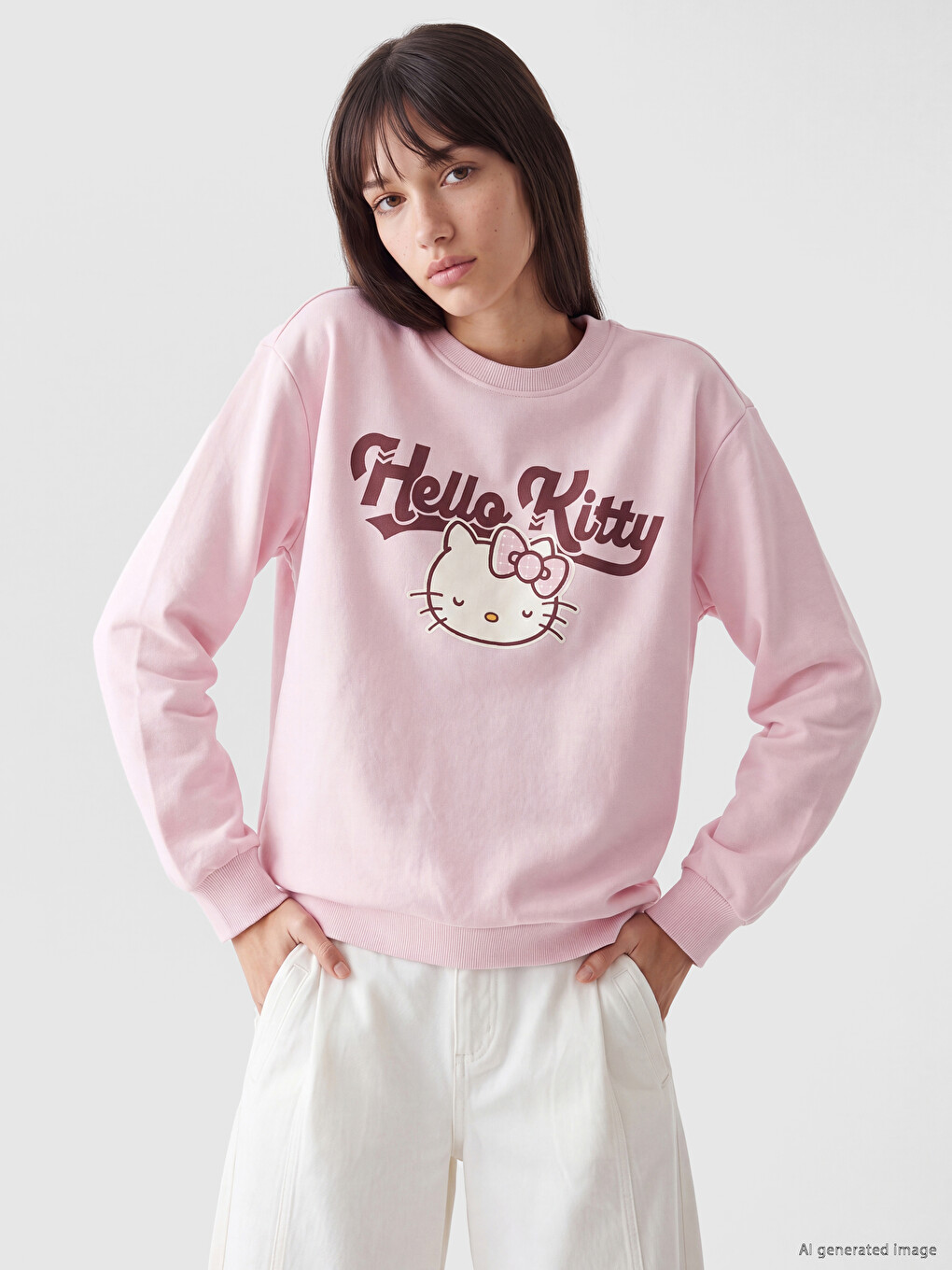 Pembe Hello Kitty Baskılı Oversize Kadın Kalın Sweatshirt