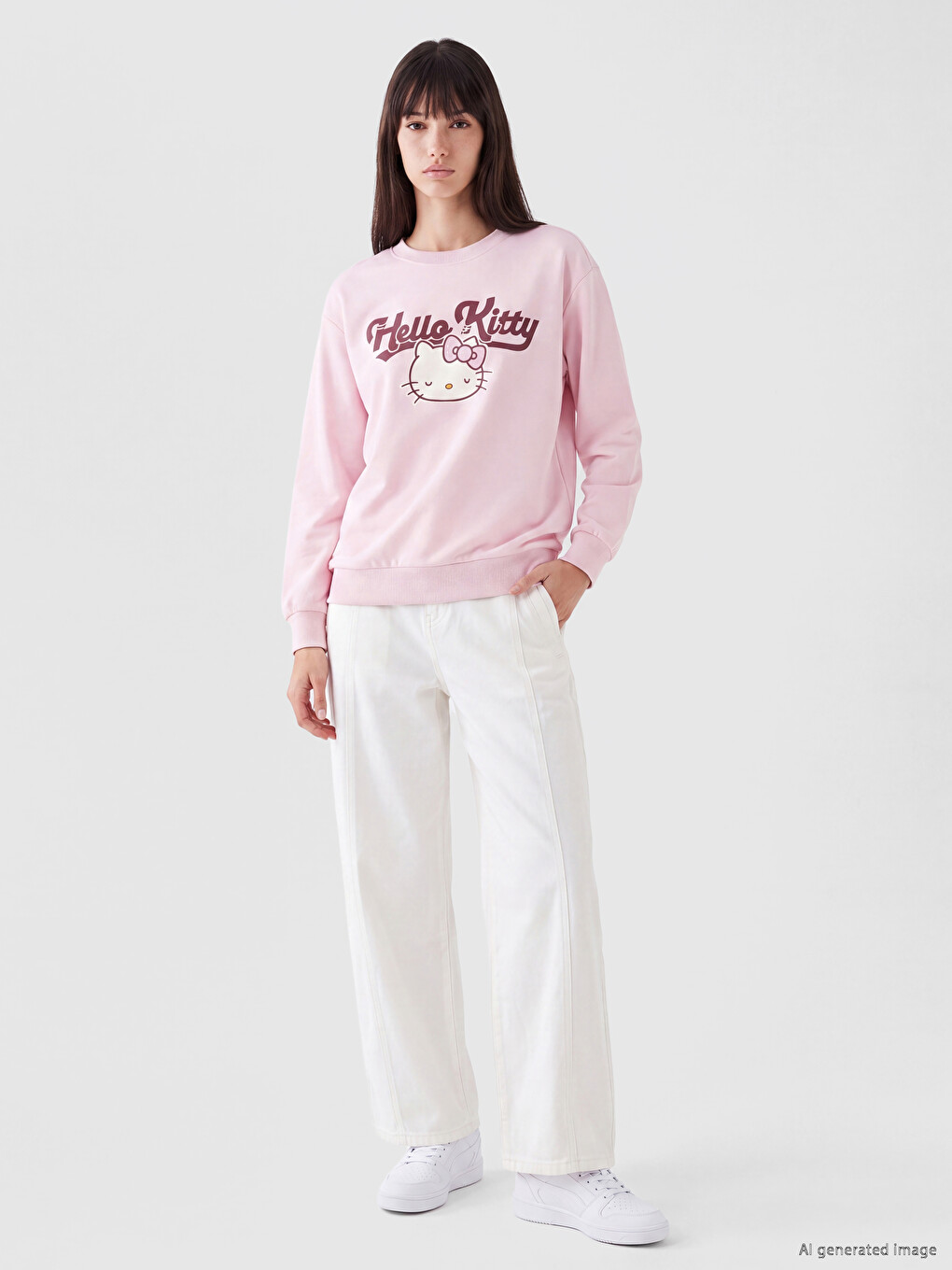 Pembe Hello Kitty Baskılı Oversize Kadın Kalın Sweatshirt-1