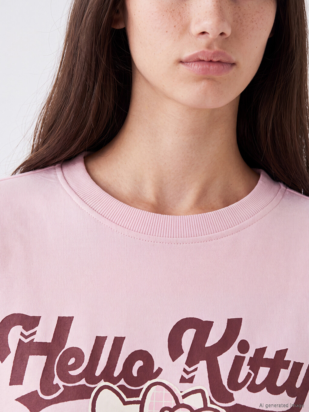 Pembe Hello Kitty Baskılı Oversize Kadın Kalın Sweatshirt-2