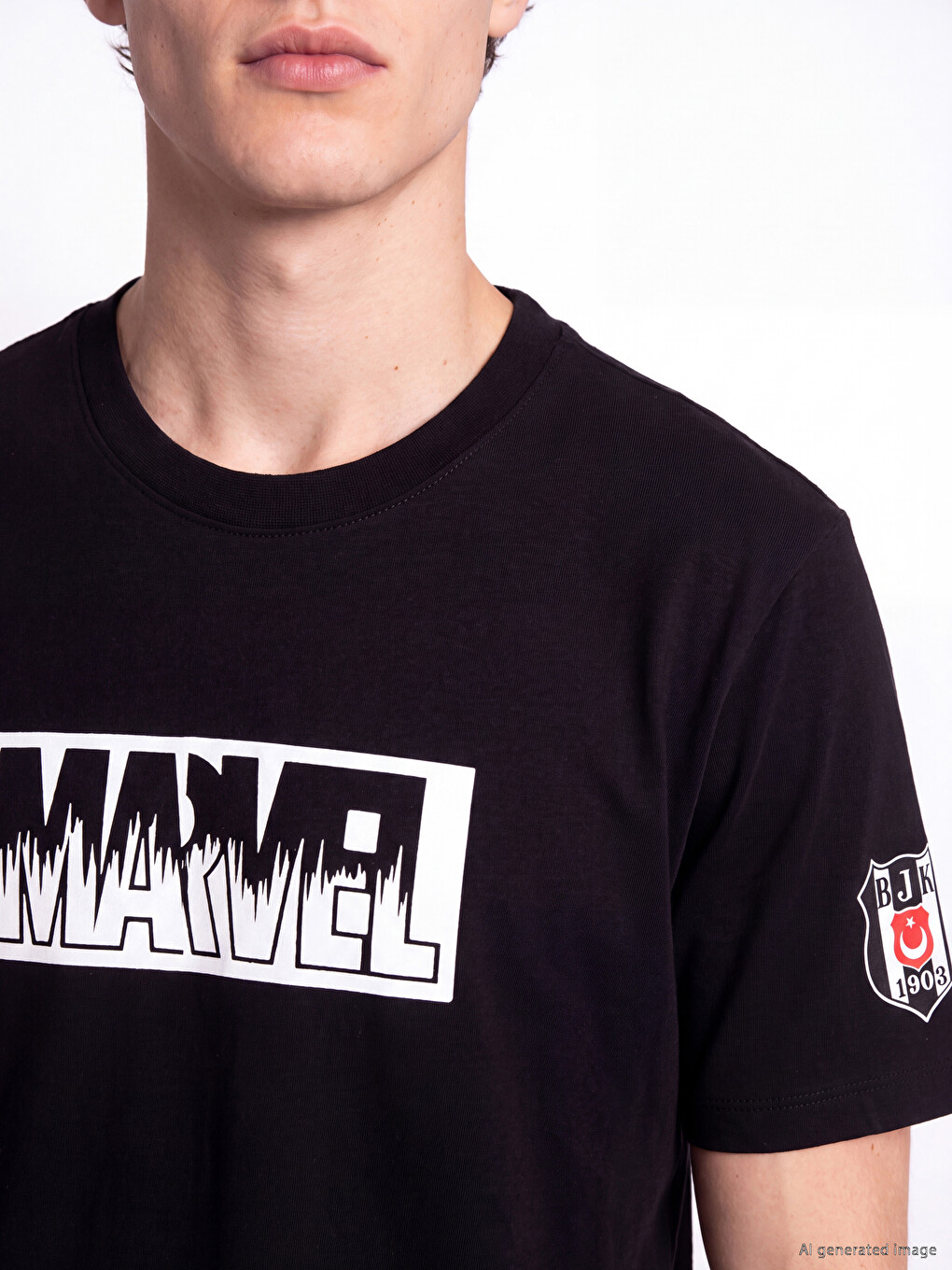 Siyah Bisiklet Yaka Marvel Baskılı Tişört-2