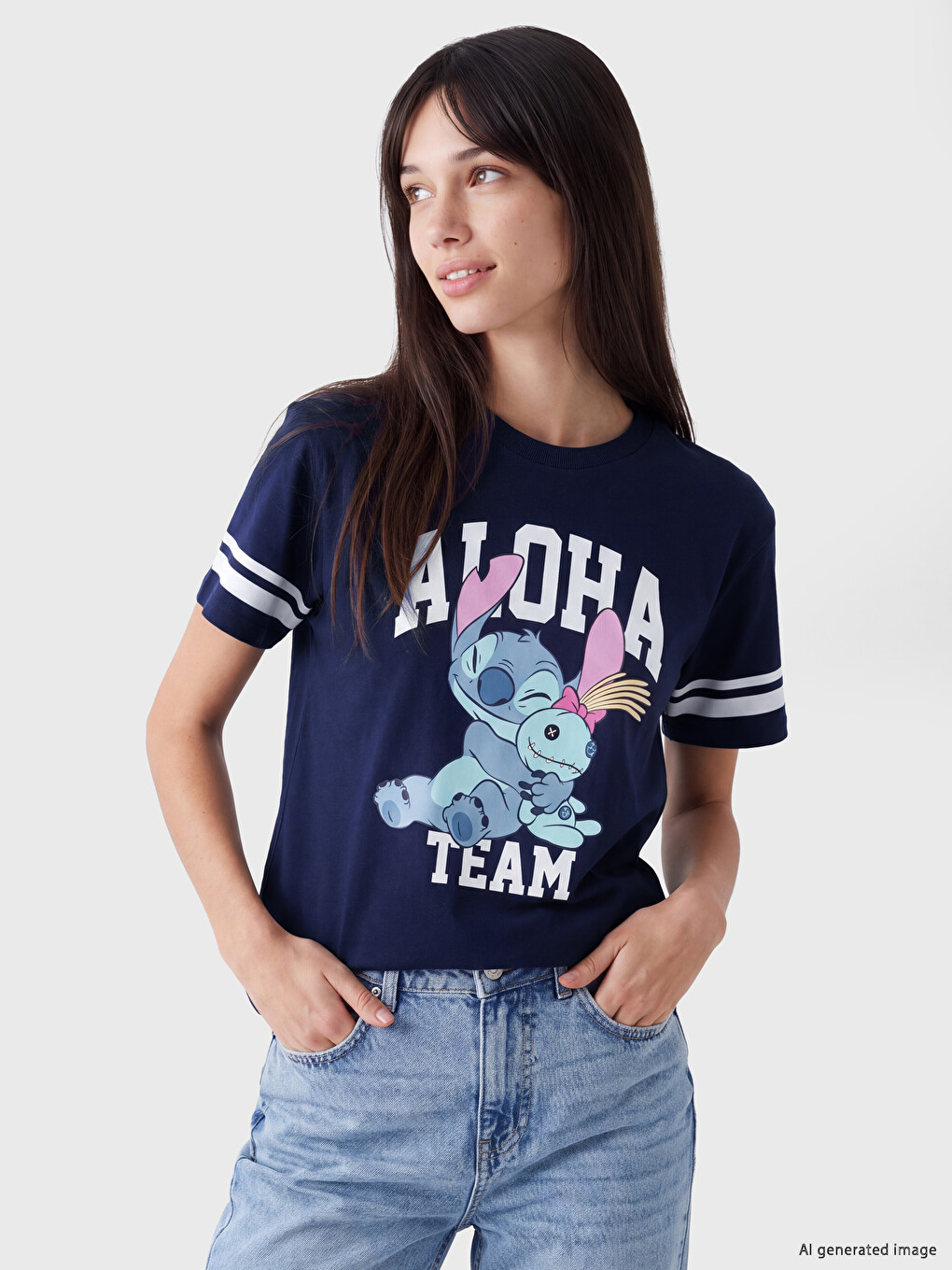 Lacivert Stitch Baskılı %100 Pamuklu Kadın Tişört