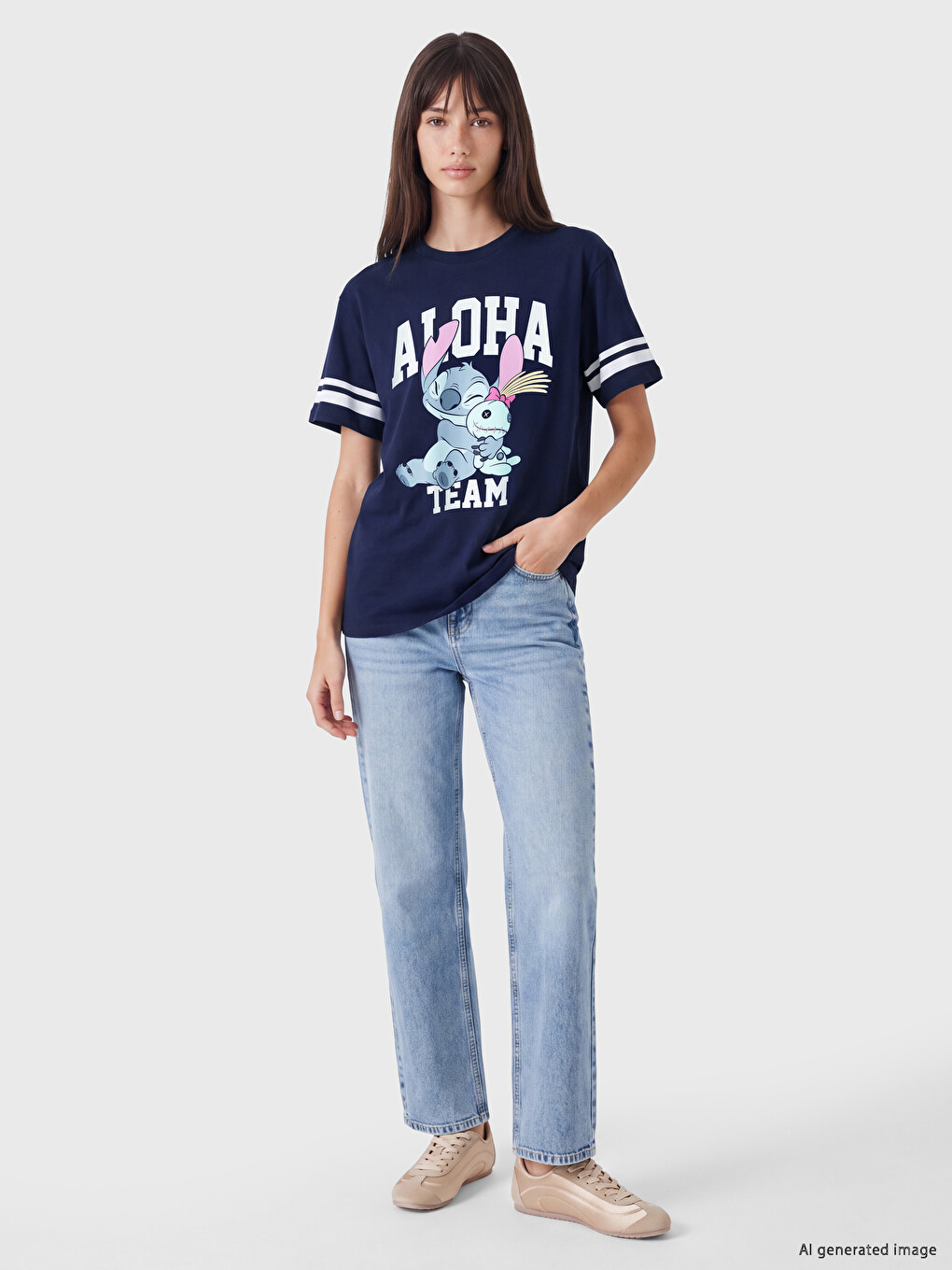 Lacivert Stitch Baskılı %100 Pamuklu Kadın Tişört-1