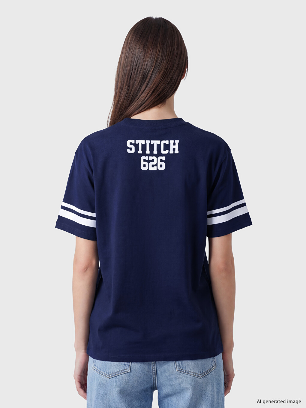 Lacivert Stitch Baskılı %100 Pamuklu Kadın Tişört-3