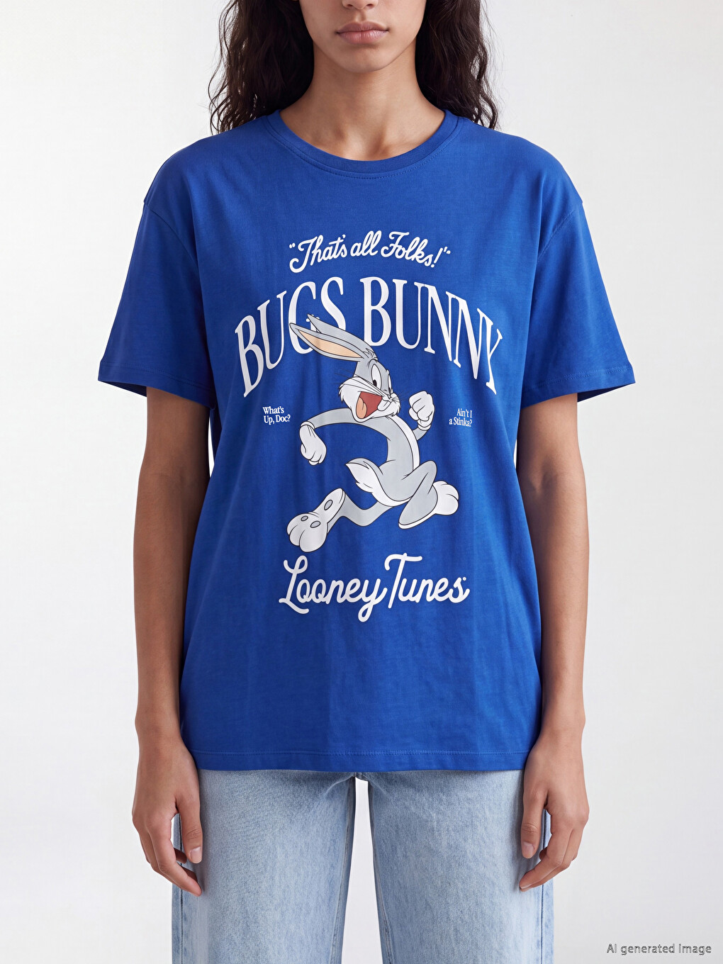 Mavi Bugs Bunny Baskılı %100 Pamuklu Kadın Tişört-2