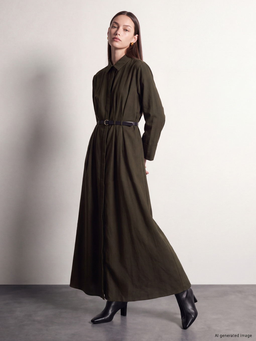  Waist Belted Pleated Shirt Dress