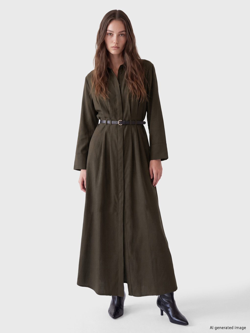 Waist Belted Pleated Shirt Dress-1