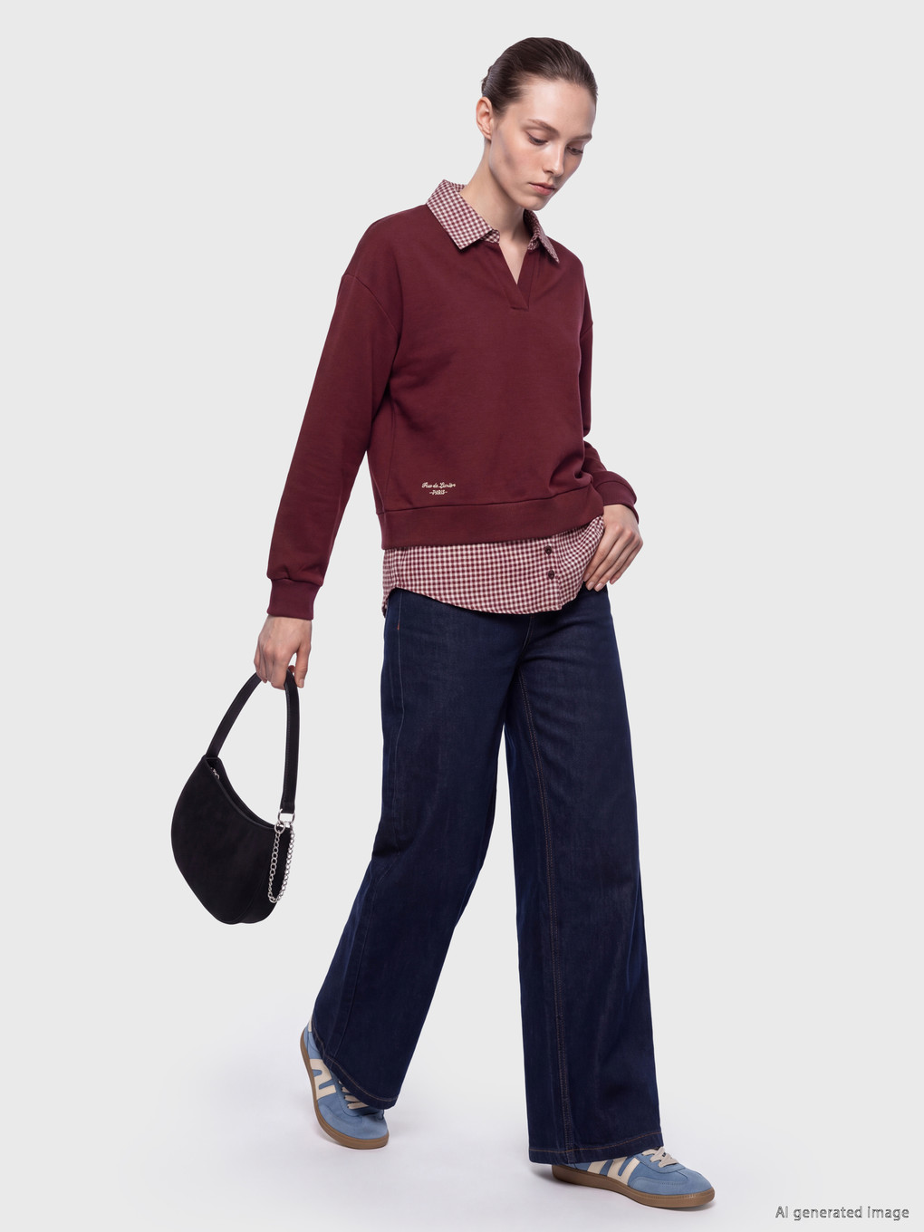 Shirt Collar Plaid Women's Sweatshirt-1