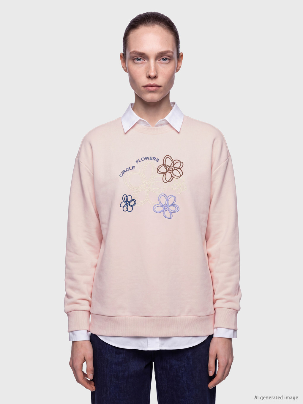 Pembe Çiçek Nakışlı Kadın Kalın Sweatshirt