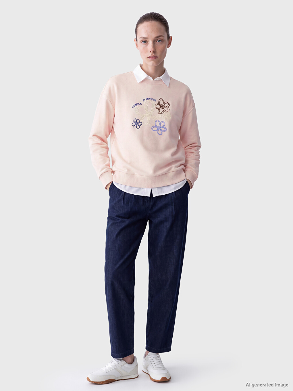 Pembe Çiçek Nakışlı Kadın Kalın Sweatshirt-1