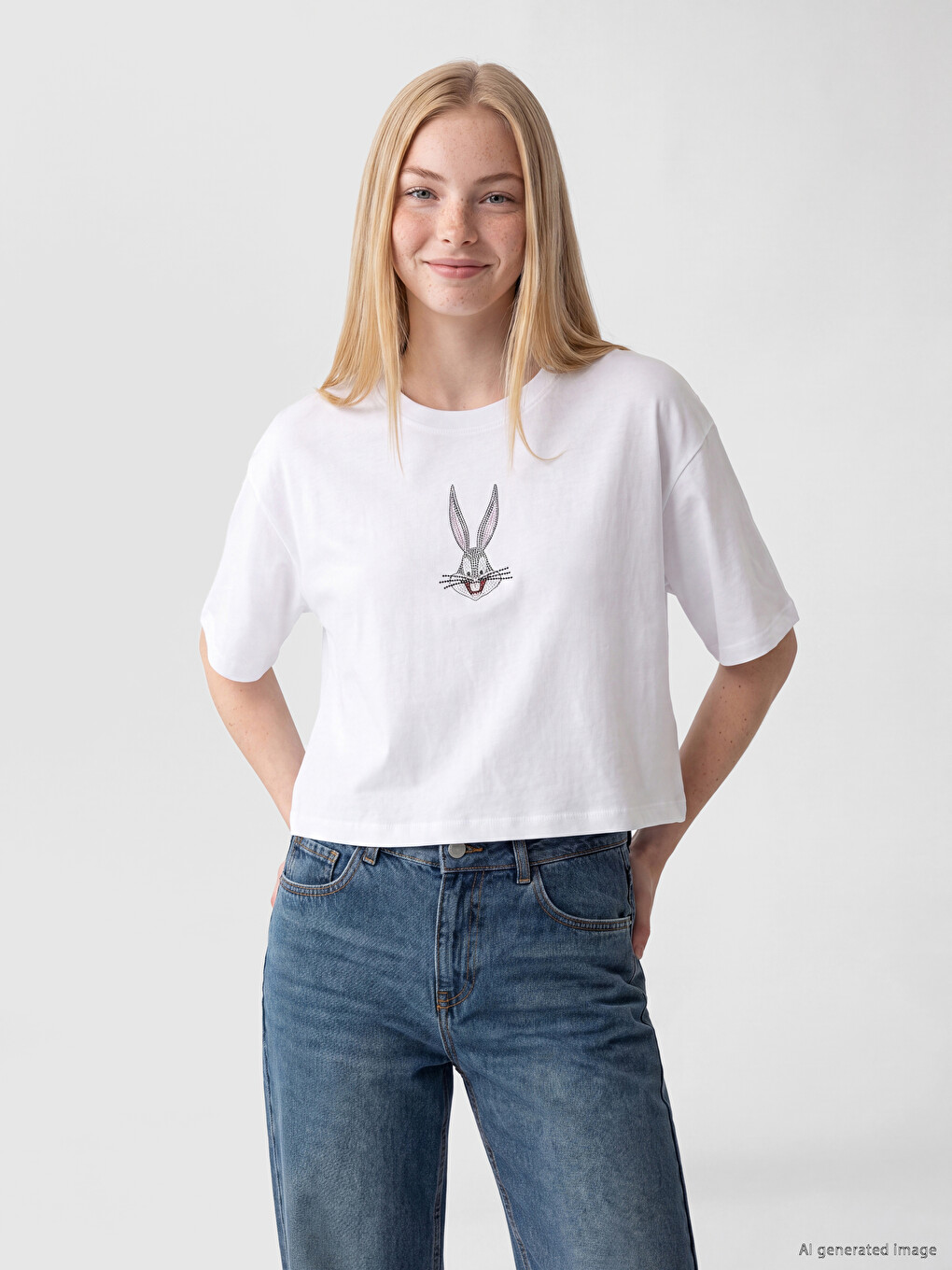 Beyaz Taşlı Bugs Bunny Baskılı Kadın Tişört