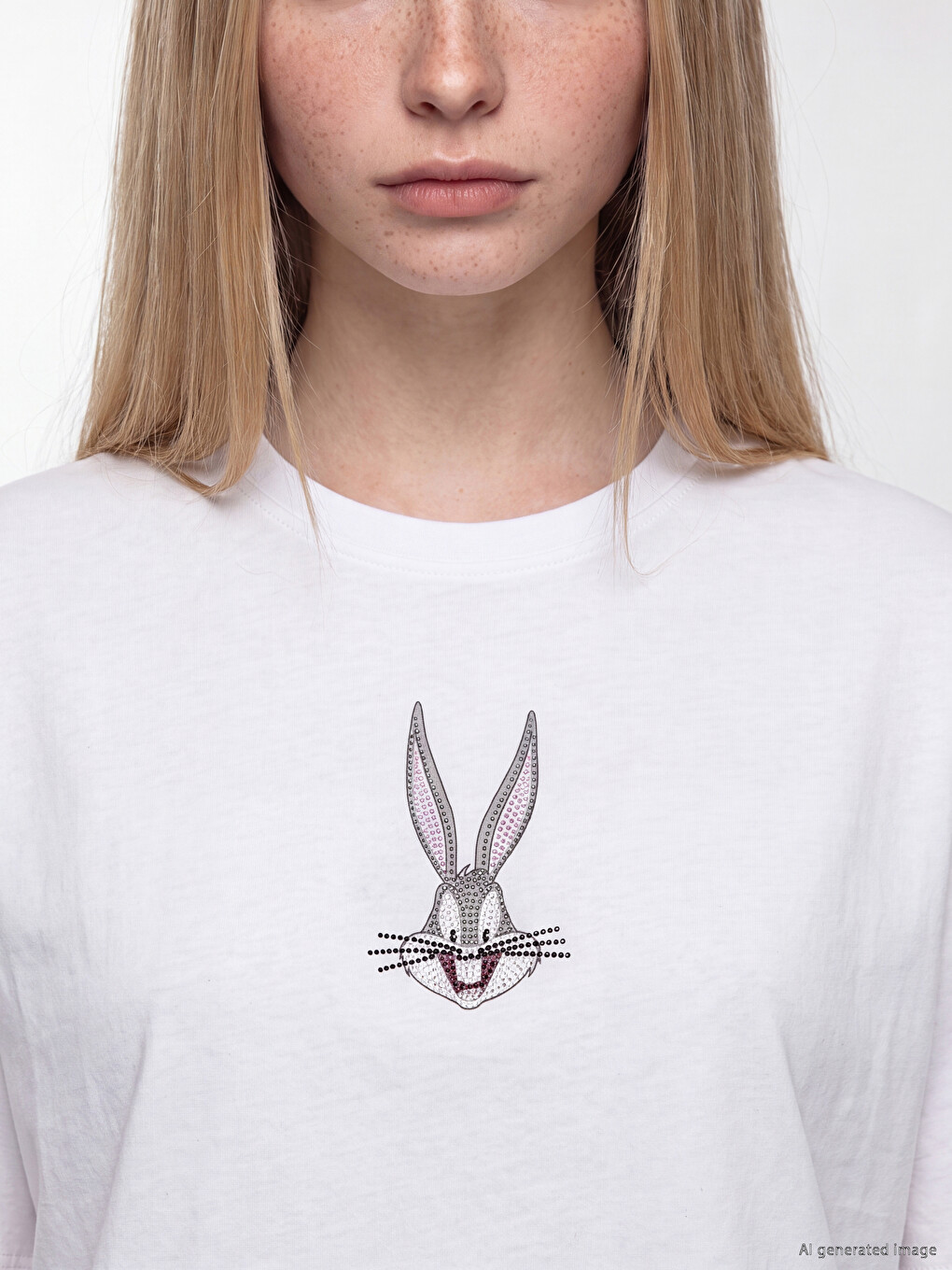 Beyaz Taşlı Bugs Bunny Baskılı Kadın Tişört-2