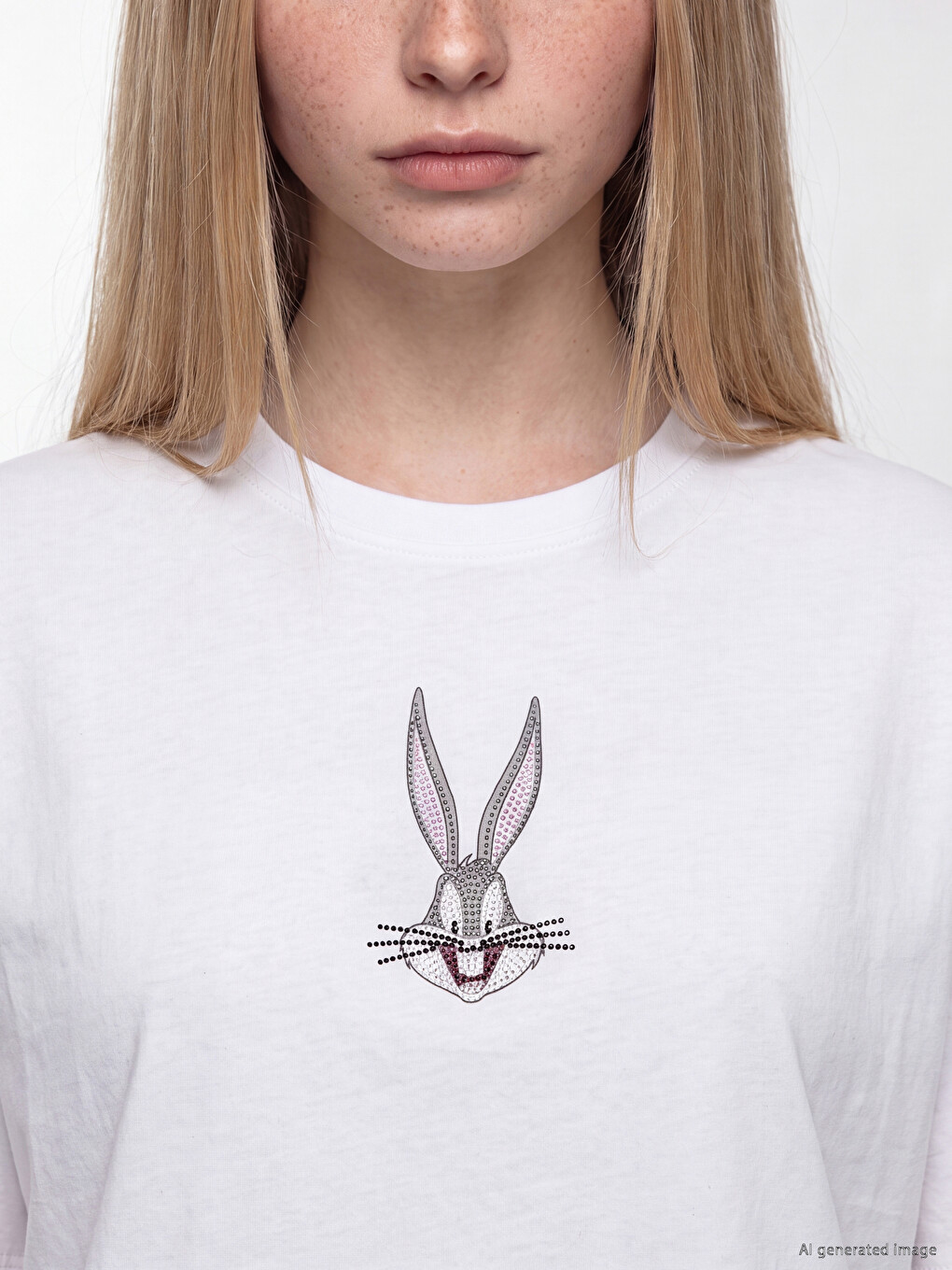 Beyaz Taşlı Bugs Bunny Baskılı Kadın Tişört-2