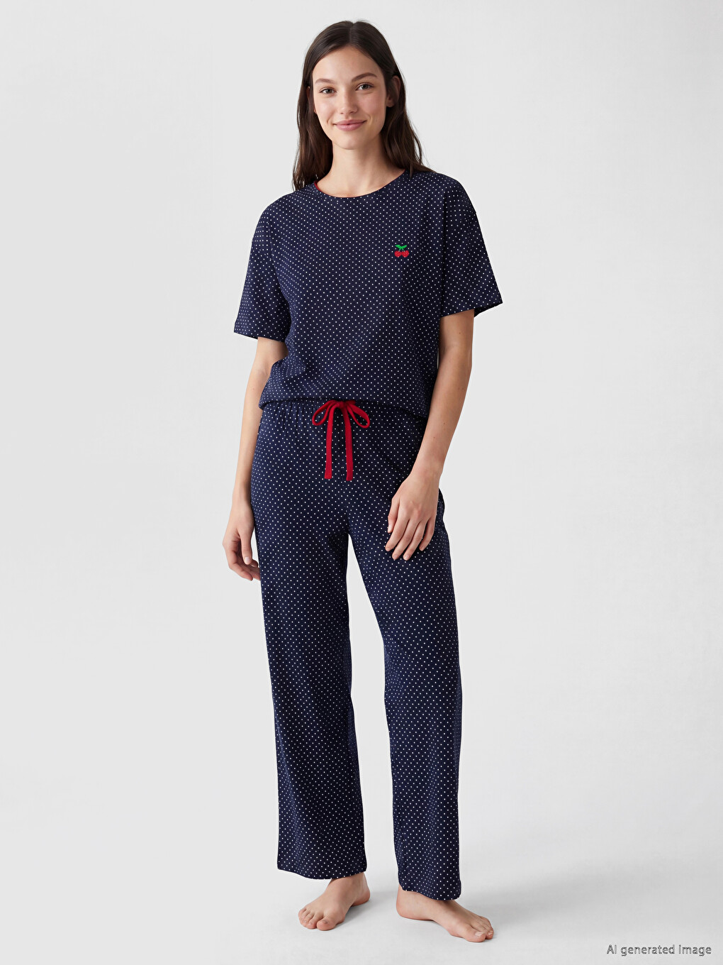 Lacivert Puantiyeli Kadın Pijama Takım