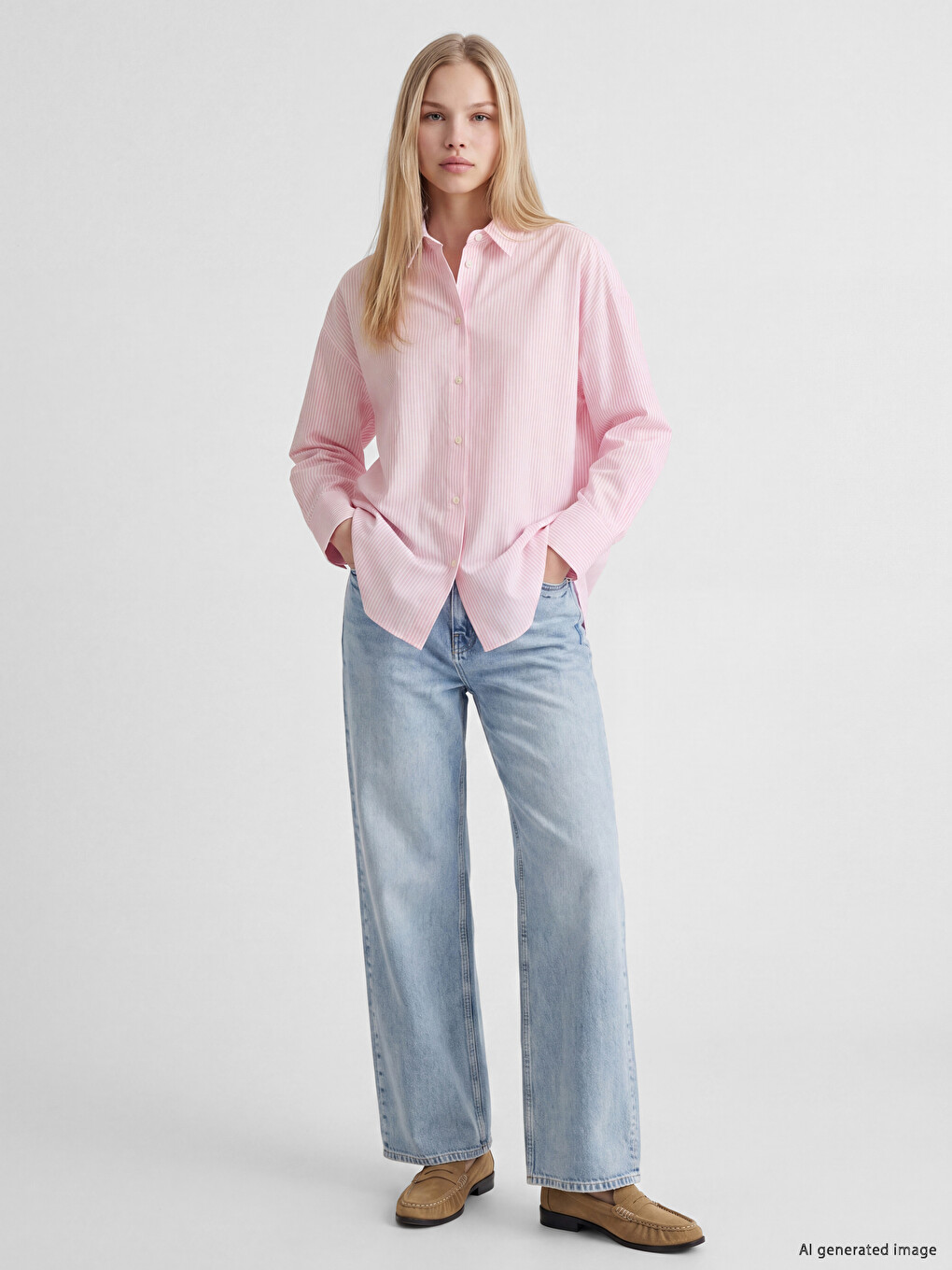 Prugasta Oversize Oxford Ženska Košulja-1