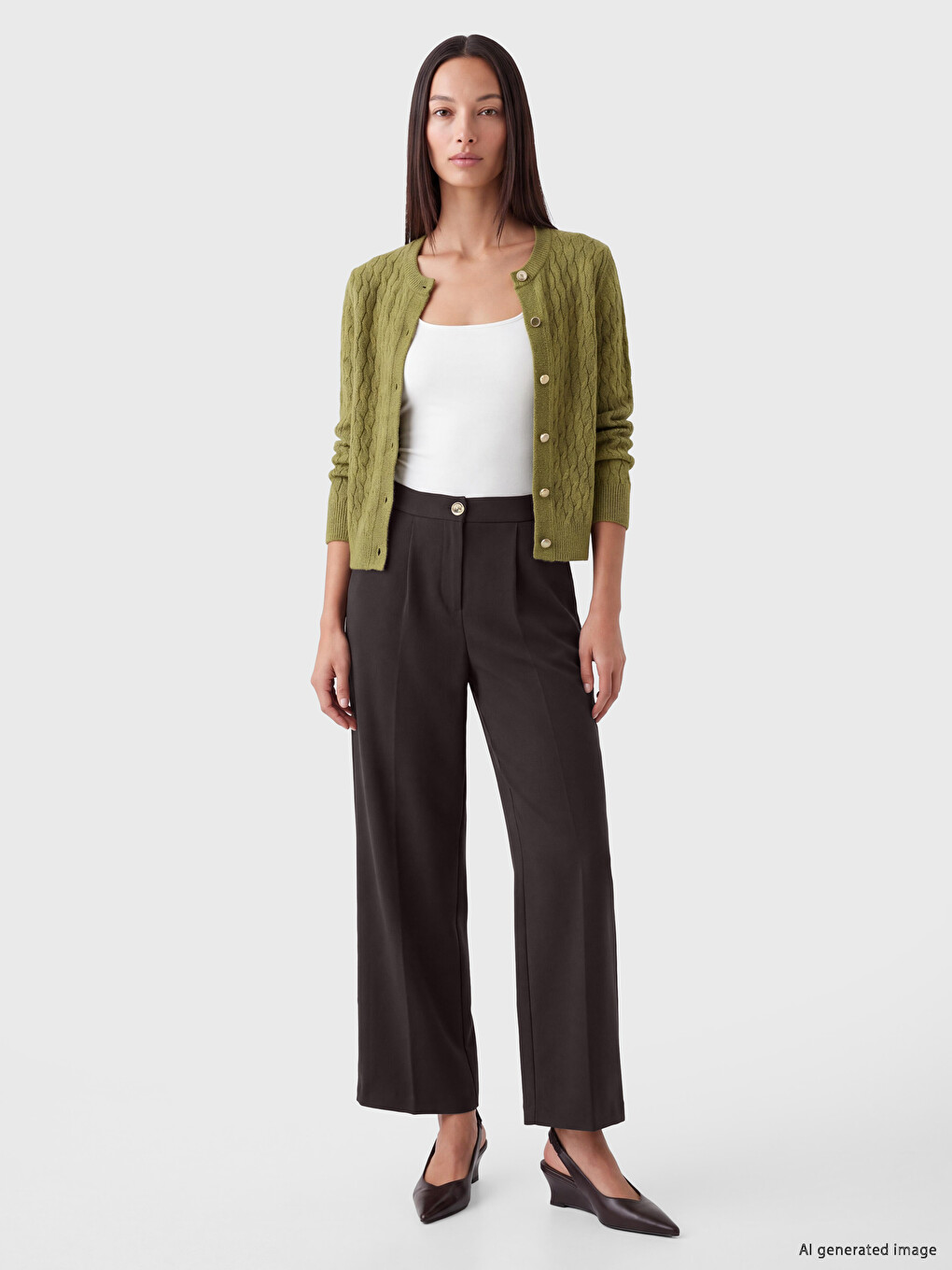 Kahverengi Loose Fit Kadın Pileli Kumaş Pantolon
