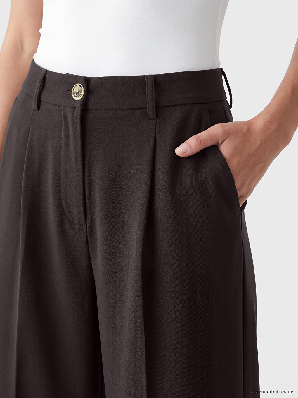 Kahverengi Loose Fit Kadın Pileli Kumaş Pantolon-2