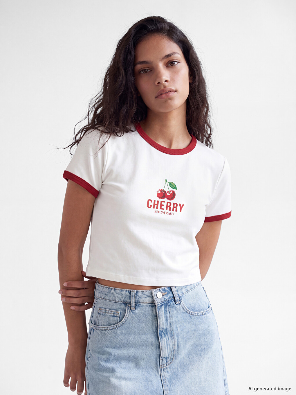 T-shirt Me Jakë Të Rrumbullakët Me Stampim Qershish Për Gra