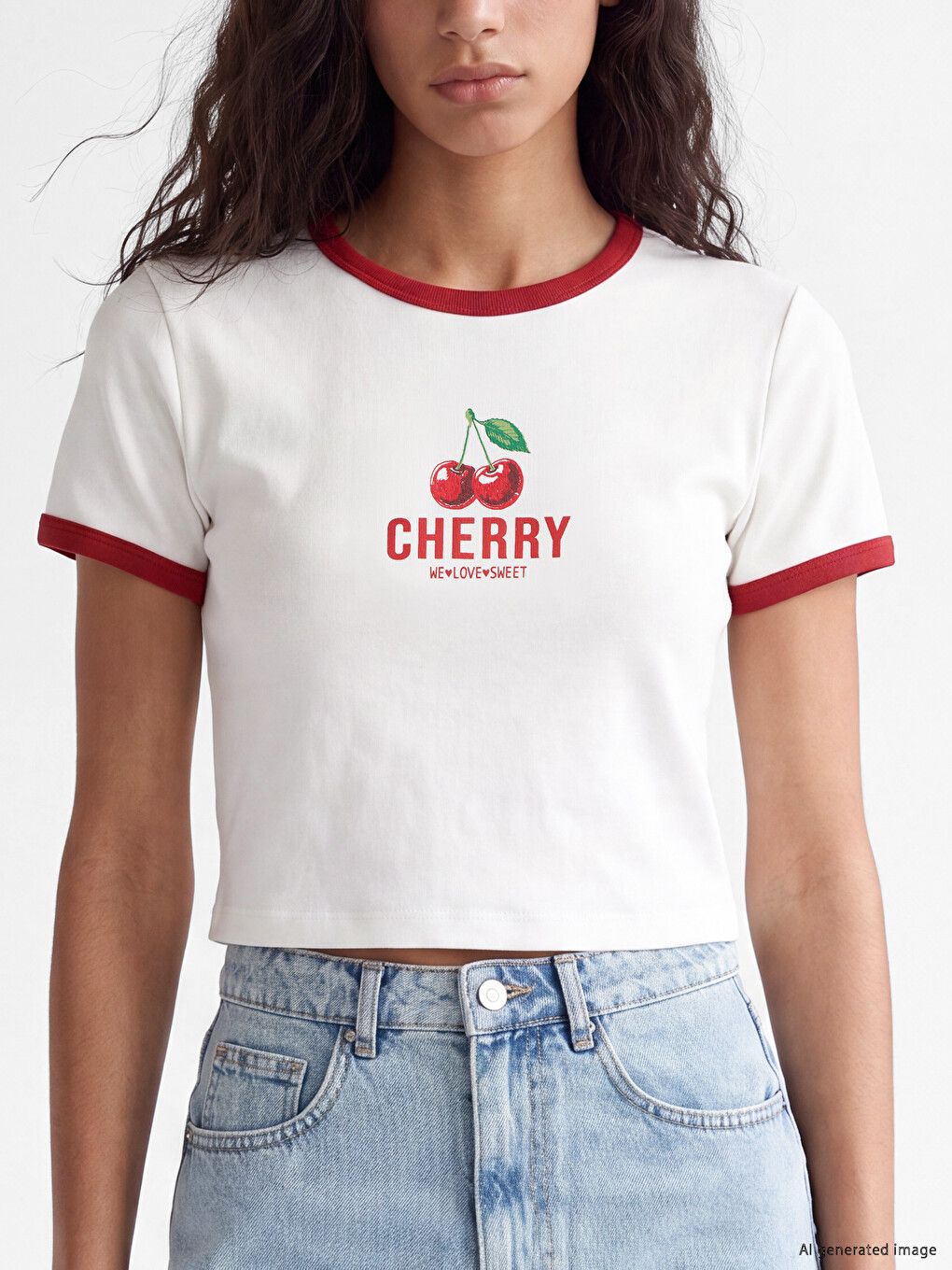 T-shirt Me Jakë Të Rrumbullakët Me Stampim Qershish Për Gra-2