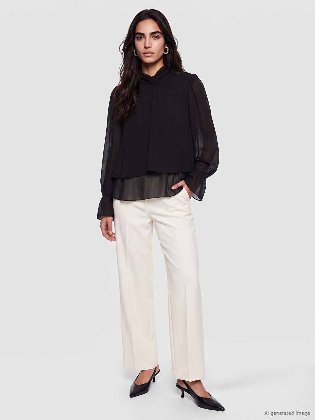 Mock Neck Frilled Chiffon Blouse-1