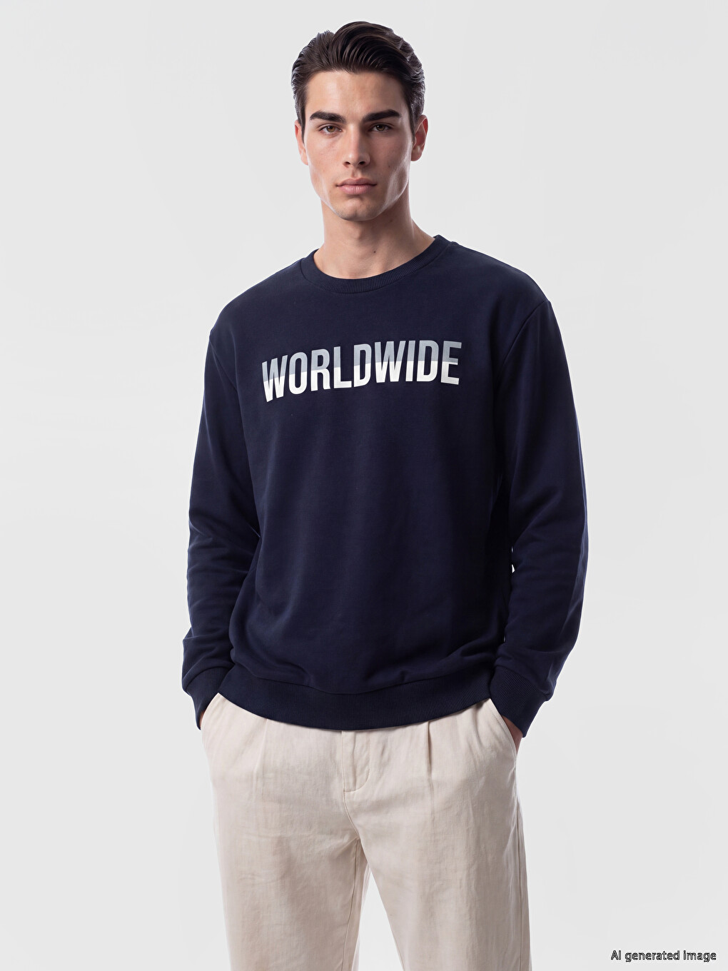 Lacivert Bisiklet Yaka Baskılı Erkek Sweatshirt