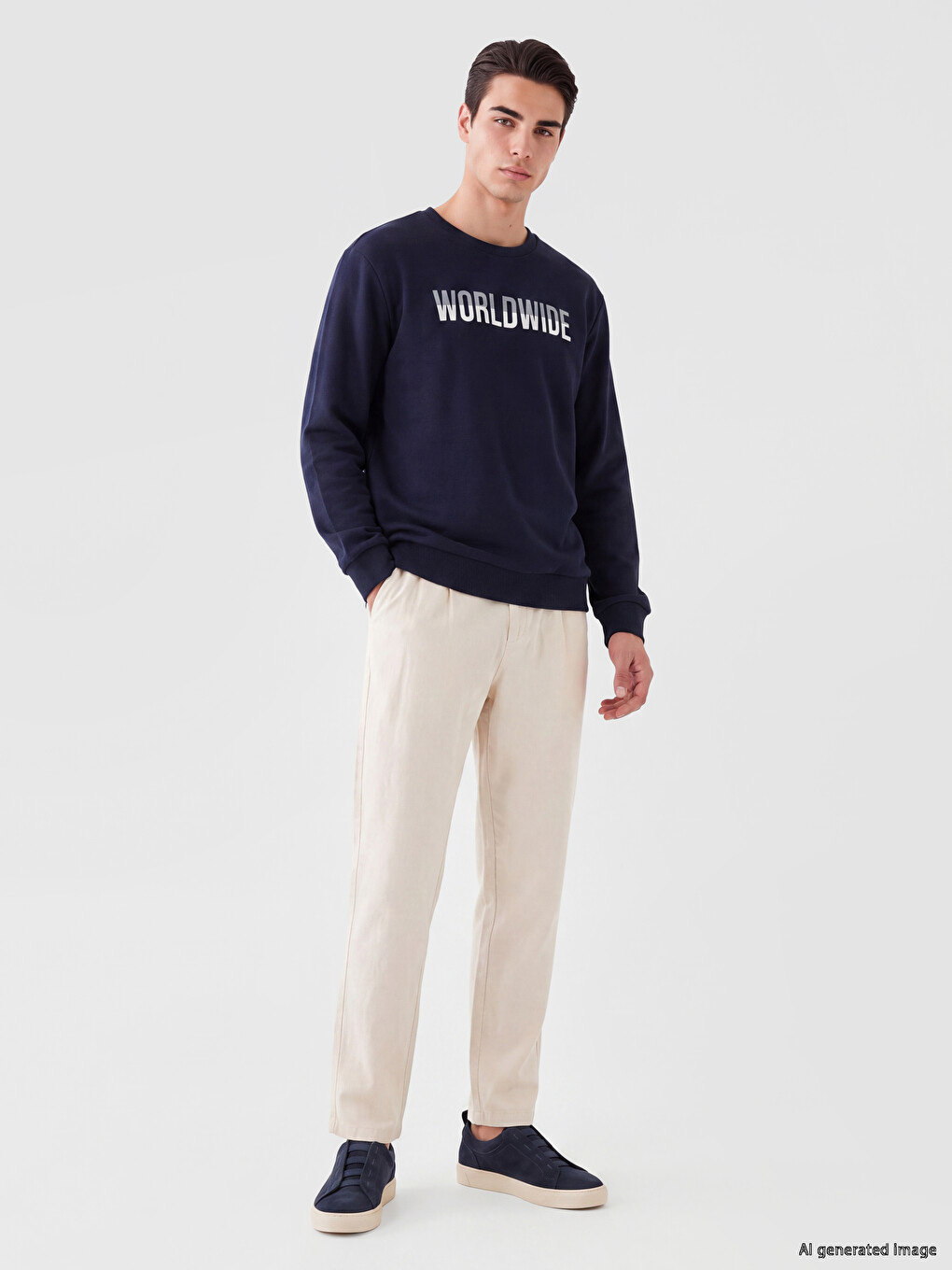 Lacivert Bisiklet Yaka Baskılı Erkek Sweatshirt-1