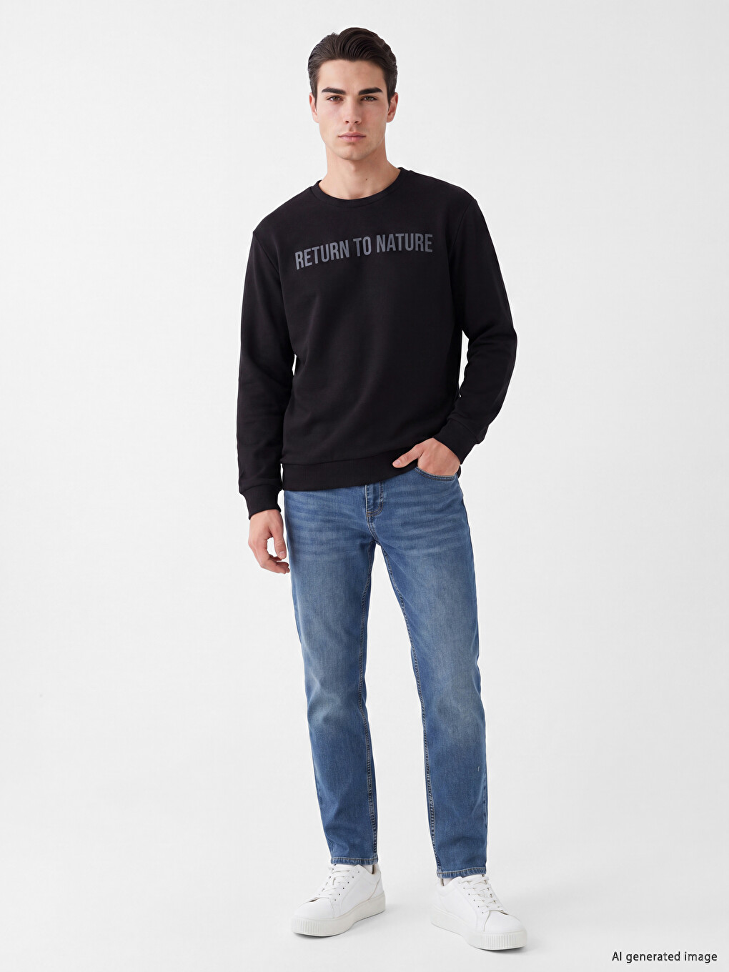Siyah Bisiklet Yaka Baskılı Erkek Sweatshirt-1