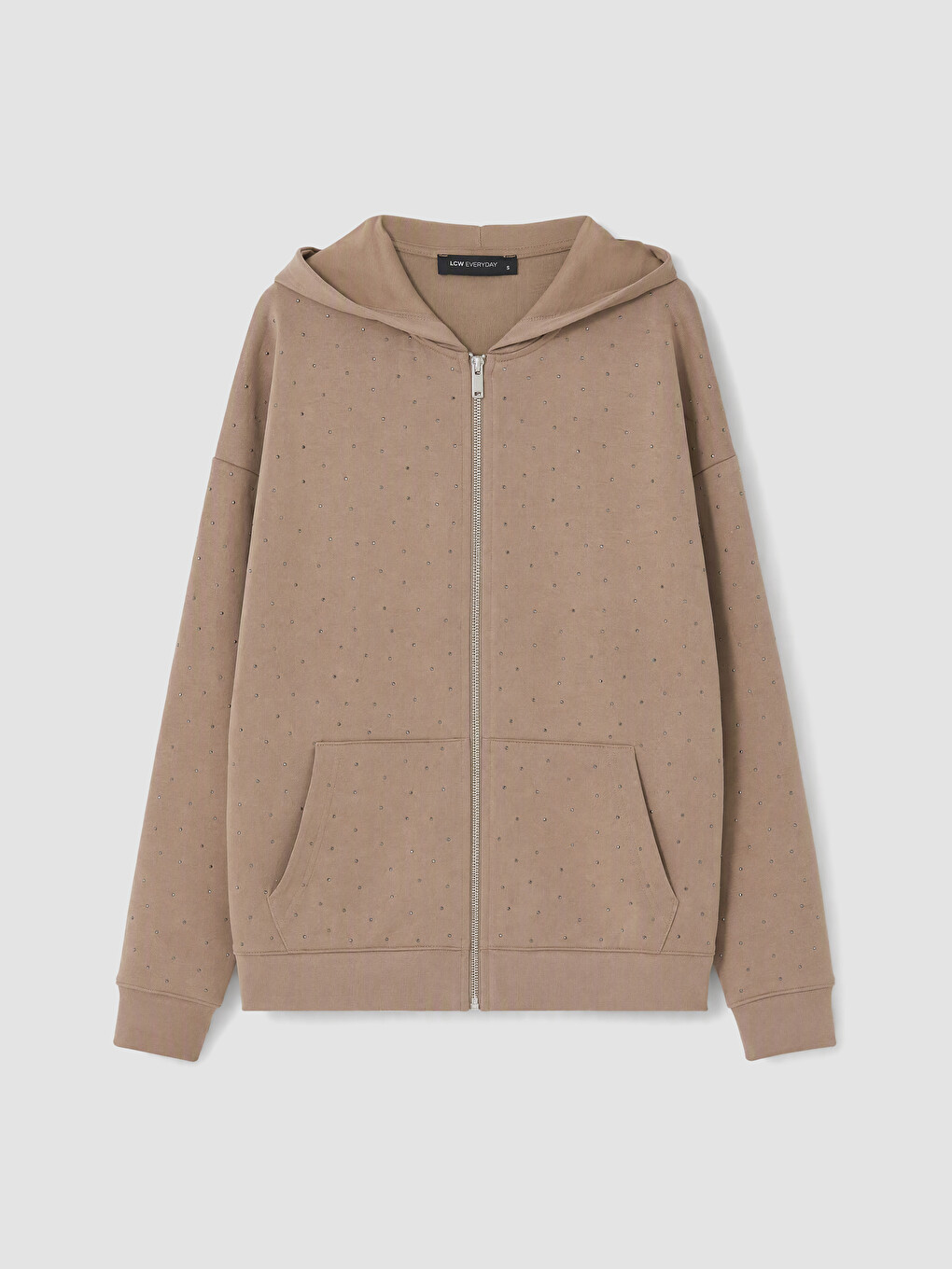 Kahverengi Soft Touch Taşlı Kadın Fermuarlı Sweatshirt