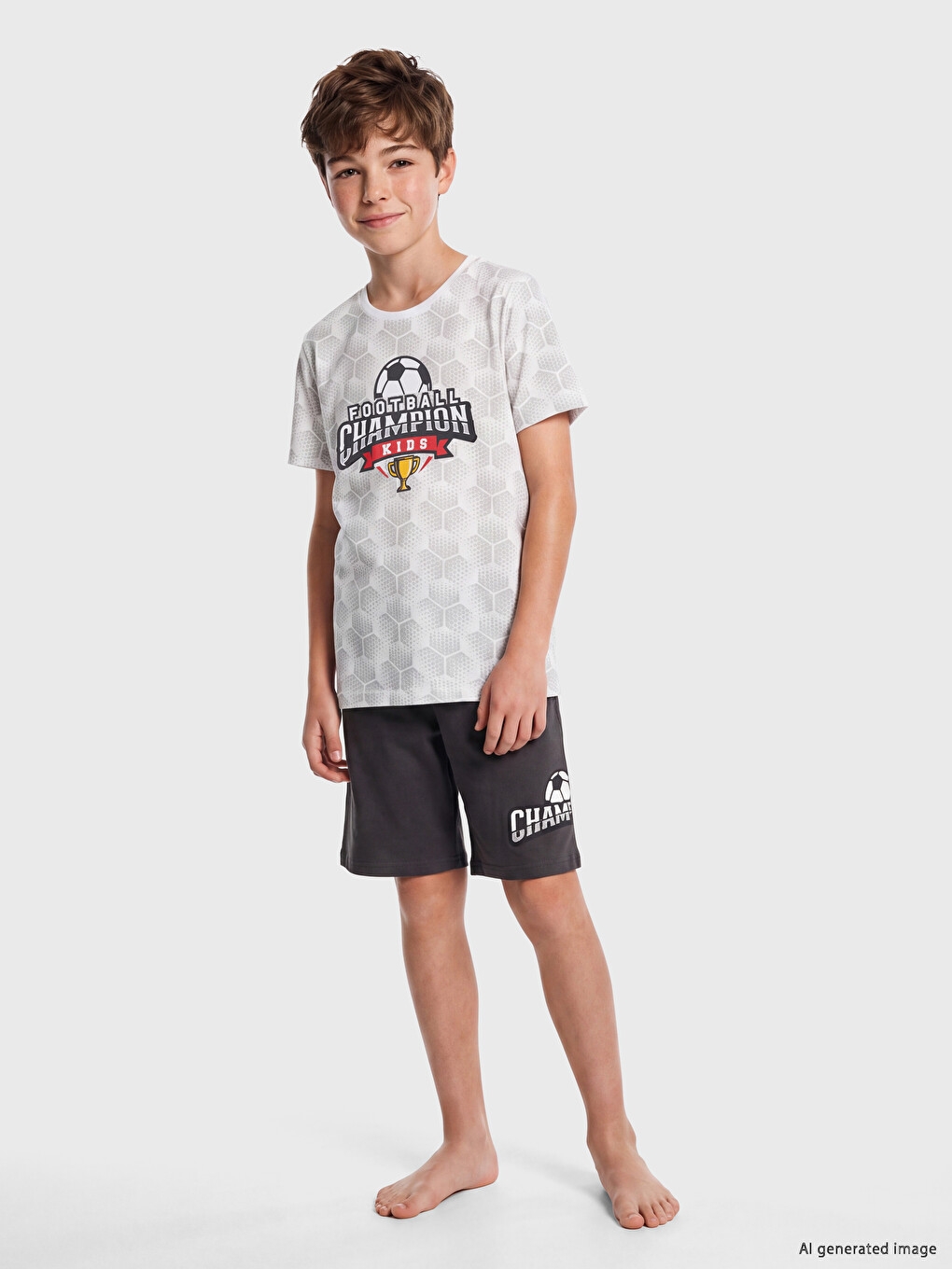 Beyaz Bisiklet Yaka Erkek Çocuk Şortlu Pijama Takımı