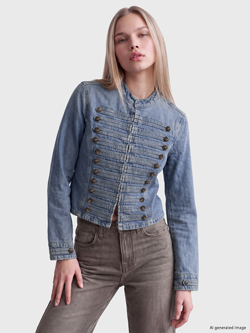 Mock Neck Embellished Buttoned Women's Jean Jacket