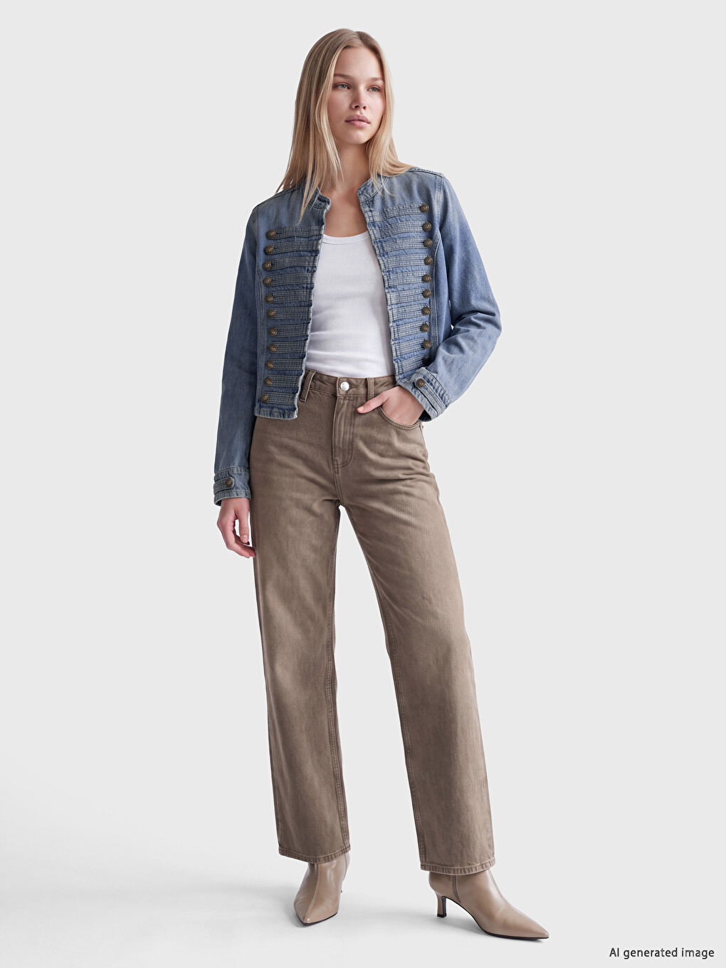 Mock Neck Embellished Buttoned Women's Jean Jacket-1