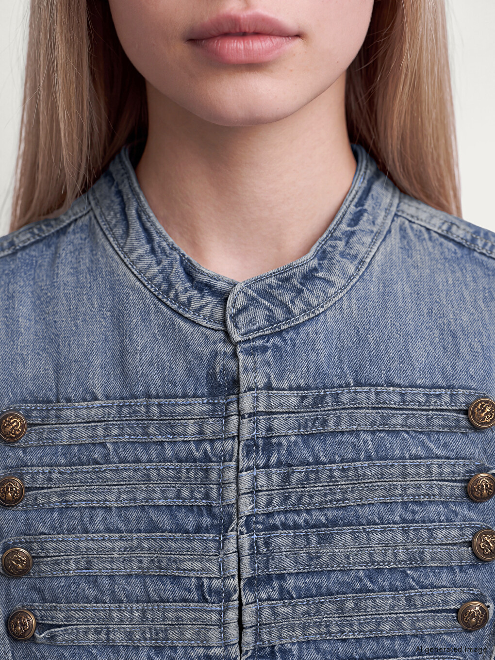 Mock Neck Embellished Buttoned Women's Jean Jacket-2