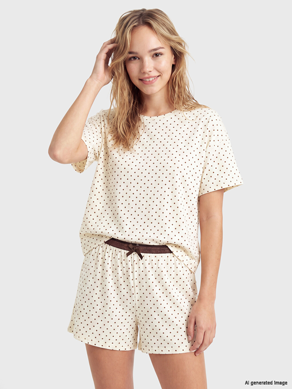 Ekru Puantiyeli Kadın Şortlu Pijama Takımı-1