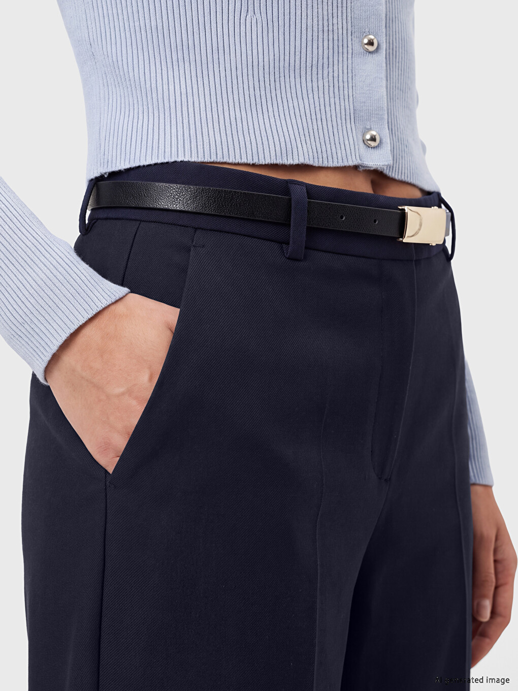 Lacivert Beli Kemerli Kadın Kumaş Pantolon-2