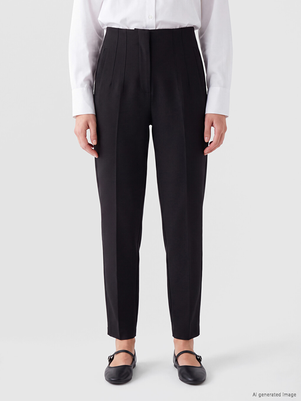 Siyah Yüksek Bel Slim Fit Kadın Pileli Pantolon-1