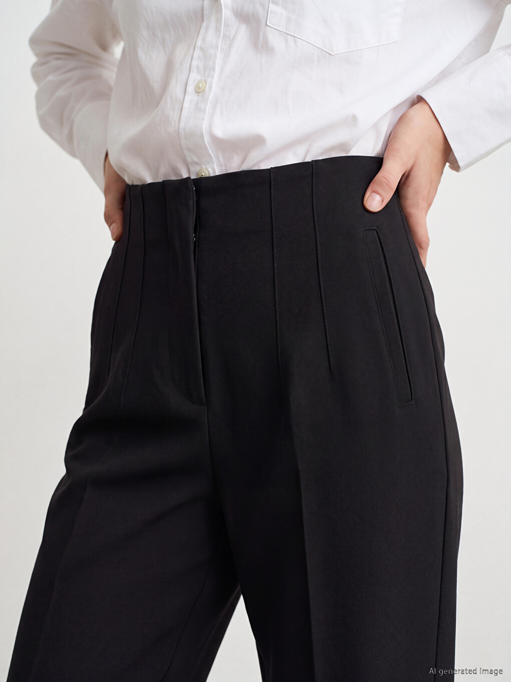 Siyah Yüksek Bel Slim Fit Kadın Pileli Pantolon-2