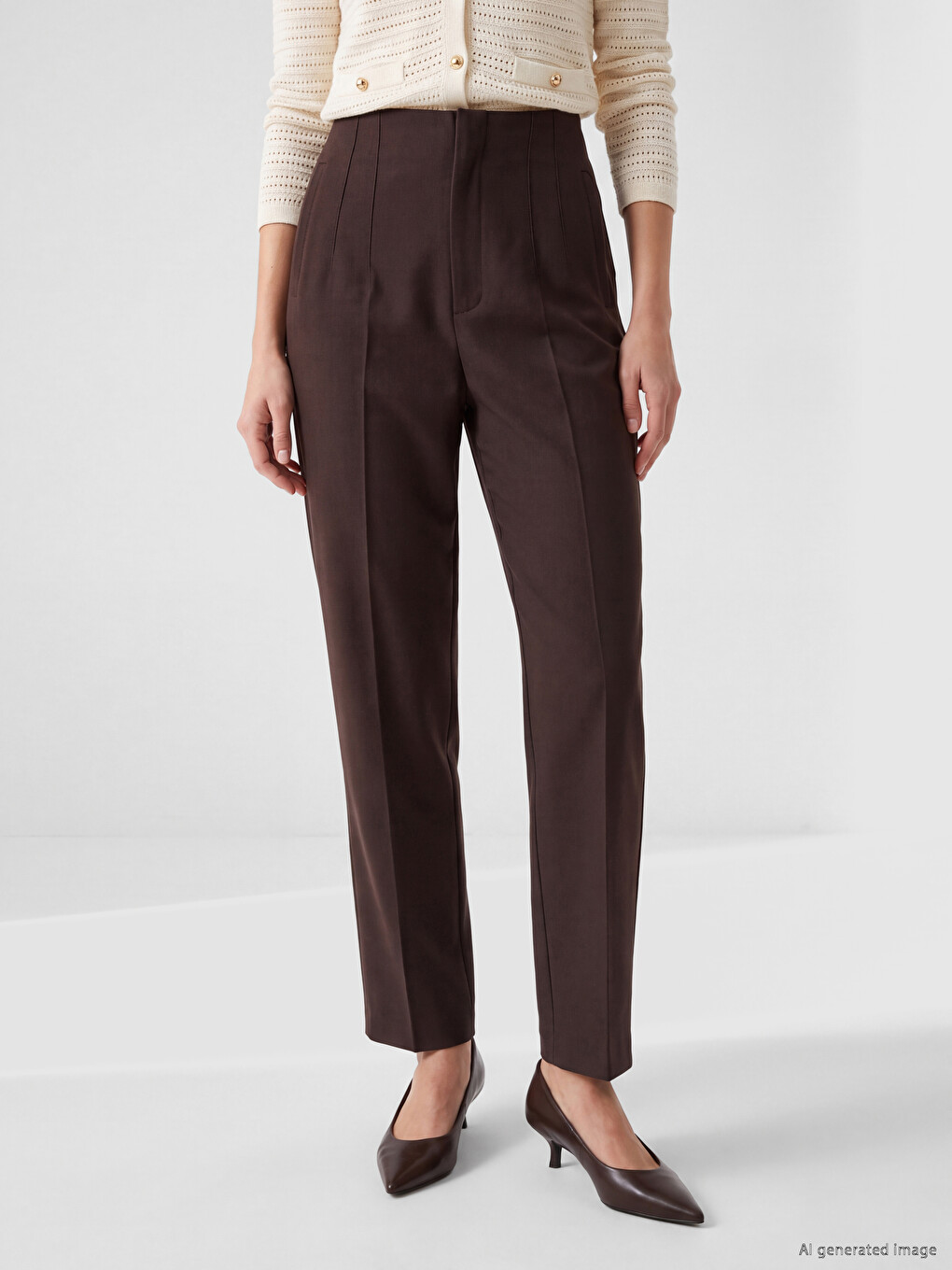 Kahverengi Yüksek Bel Slim Fit Kadın Pileli Pantolon-1