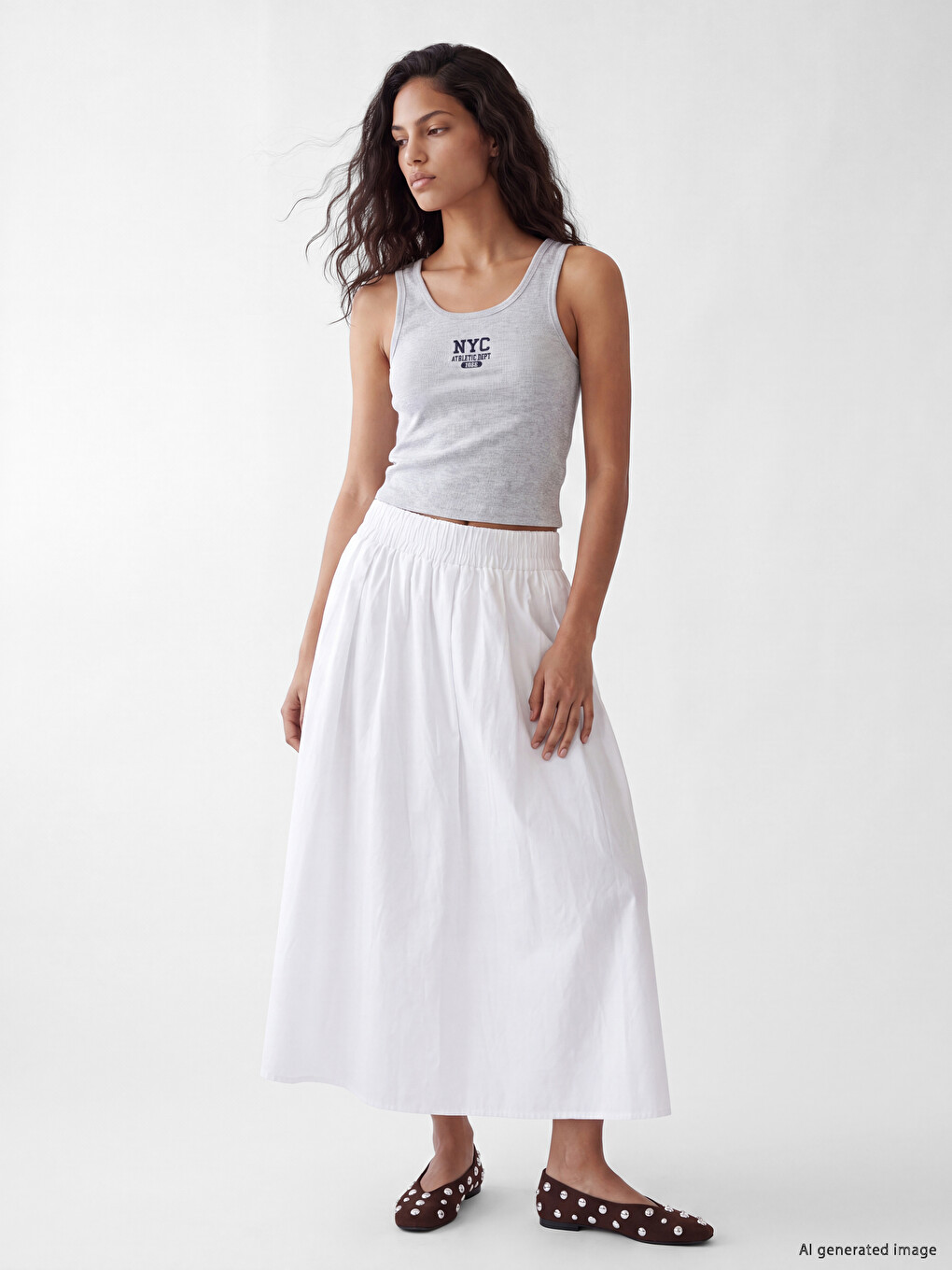 Elastic Waist Poplin Flared Skirt