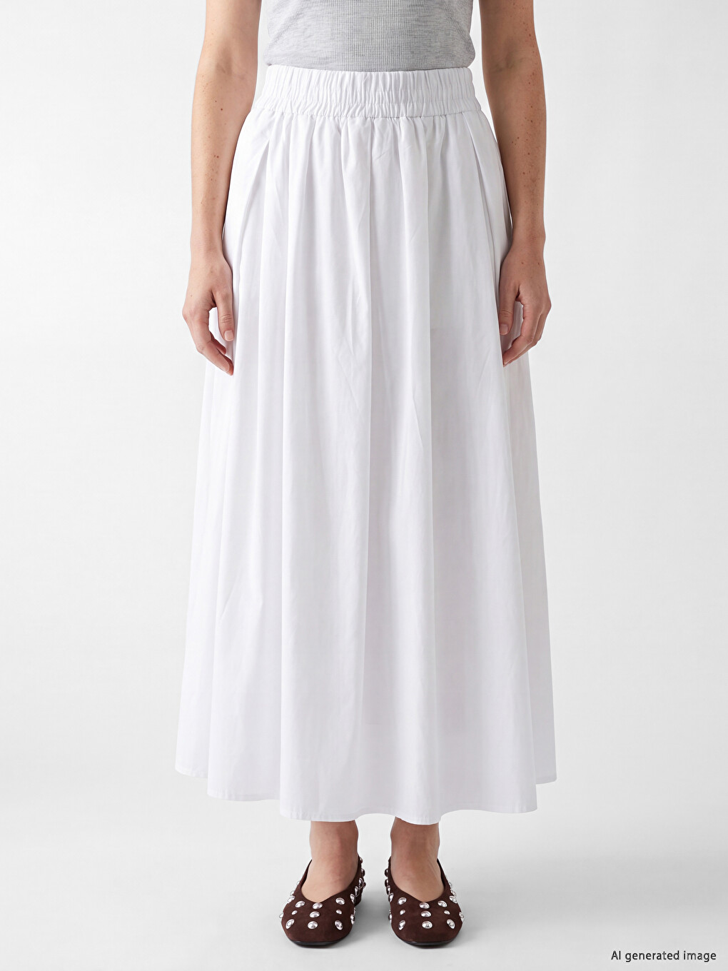 Elastic Waist Poplin Flared Skirt-1