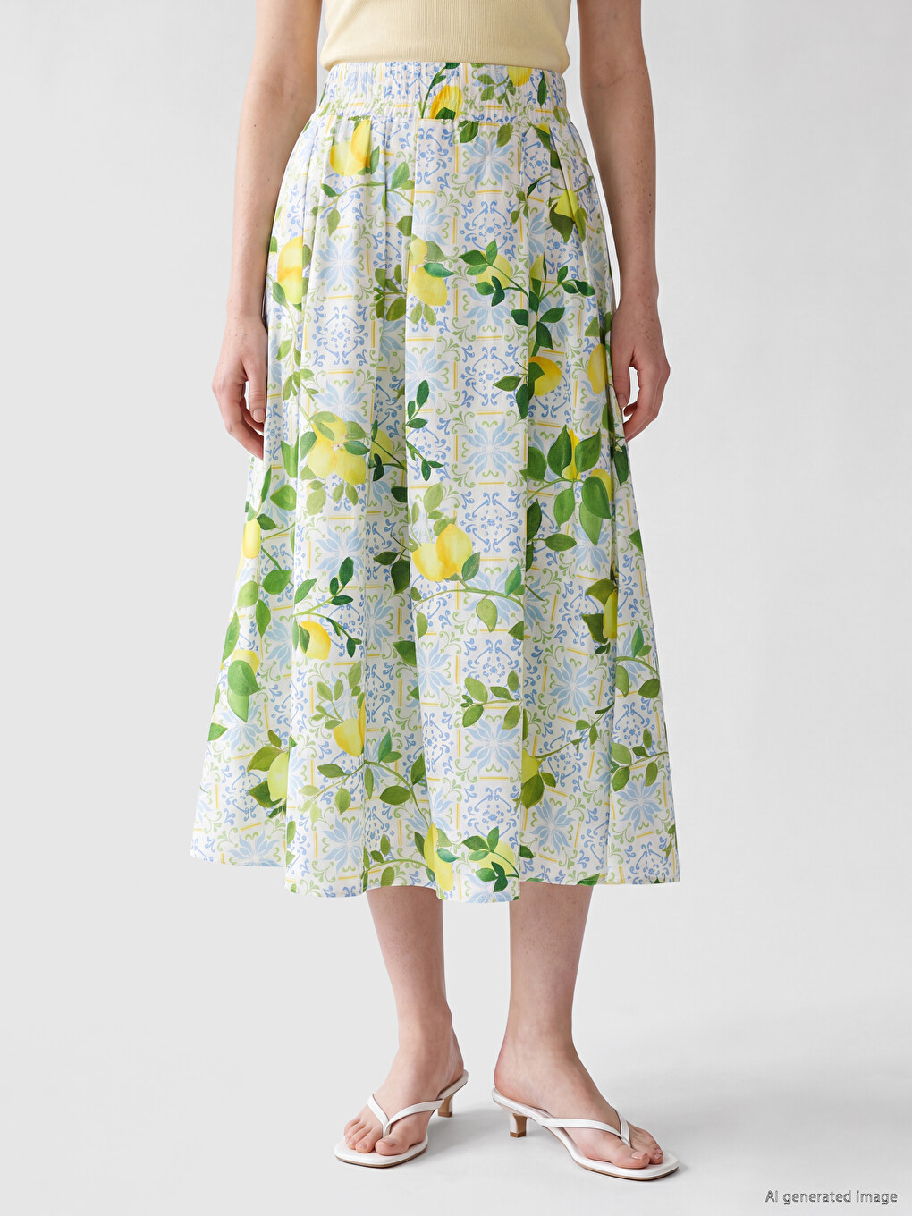 Elastic Waist Lemon Printed Pleated Skirt-1